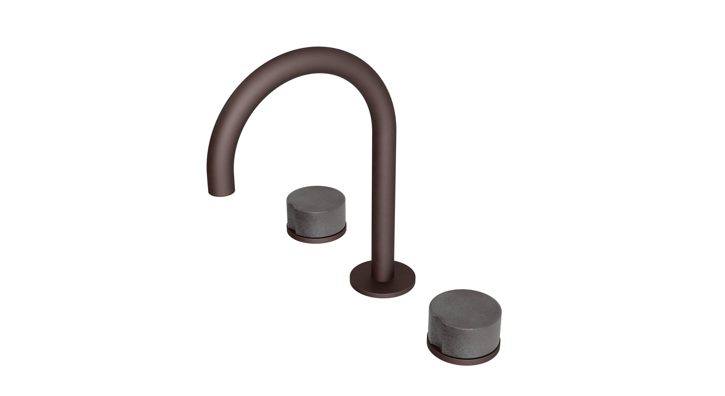Foundry Two Handle Deck Mount Gooseneck Lavatory Faucet with Groove Ceramic Knob Handles in Architectural Copper