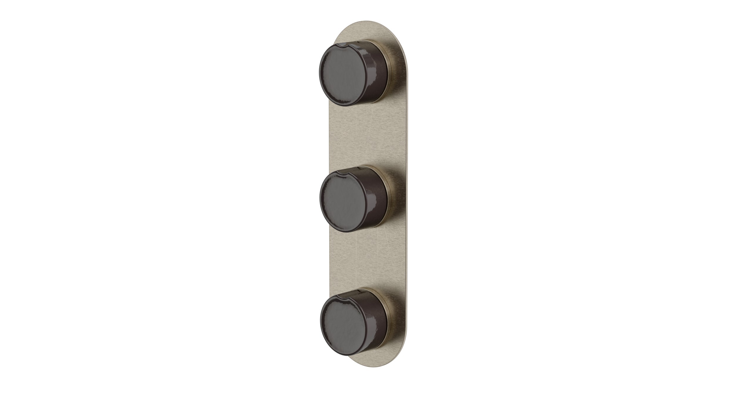 Foundry Three Handle Wall Mount Shower Trim with Groove Ceramic Knob Handles in Satin Nickel