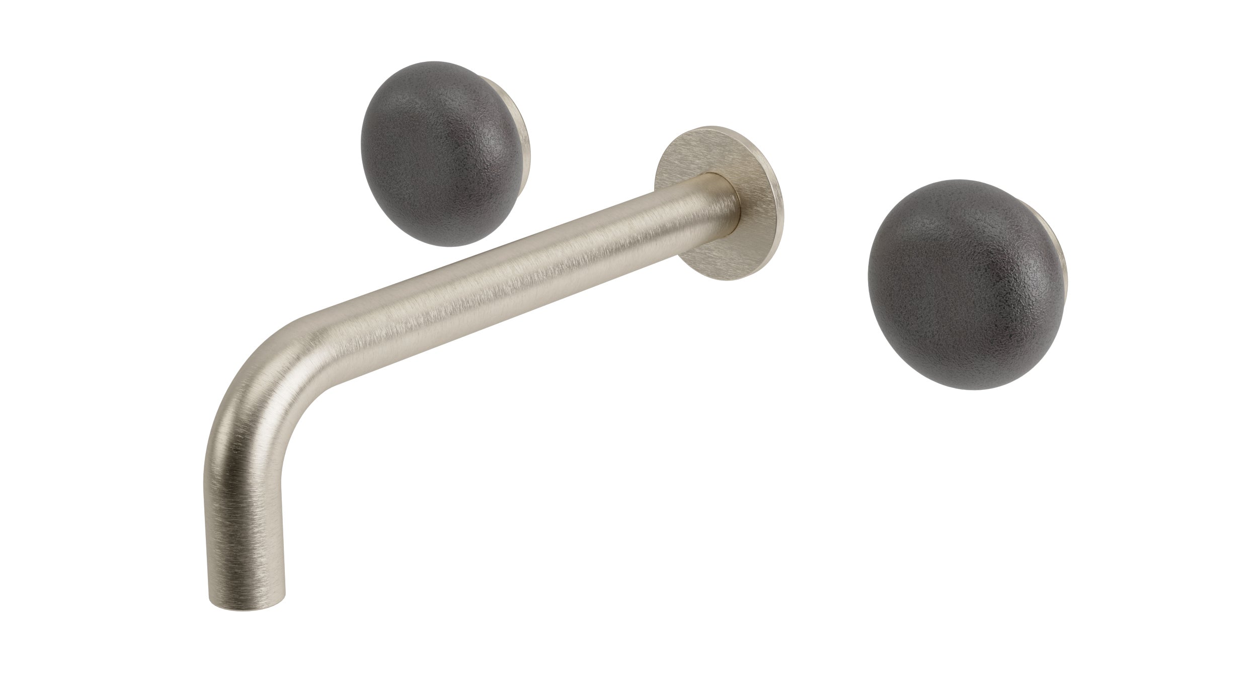 Foundry Two Handle Wall Mount 7.5" Lavatory Faucet with Pebble Ceramic Knob Handles in Satin Nickel