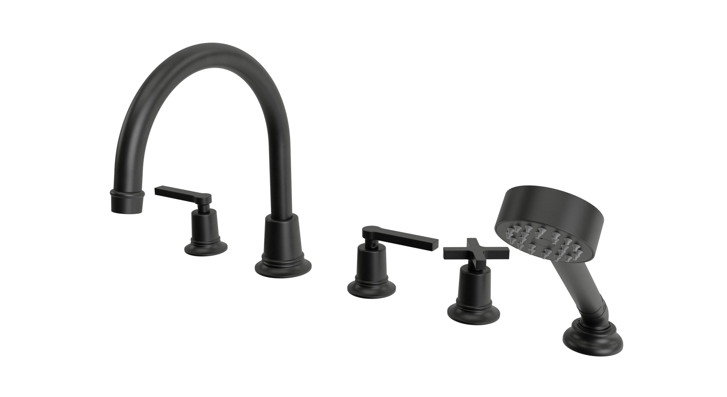 Emerson Three Handle Deck Mount Gooseneck Bath Trim with Hand Shower and Classic Cross/Classic Lever Handles in Oil Rubbed Bronze