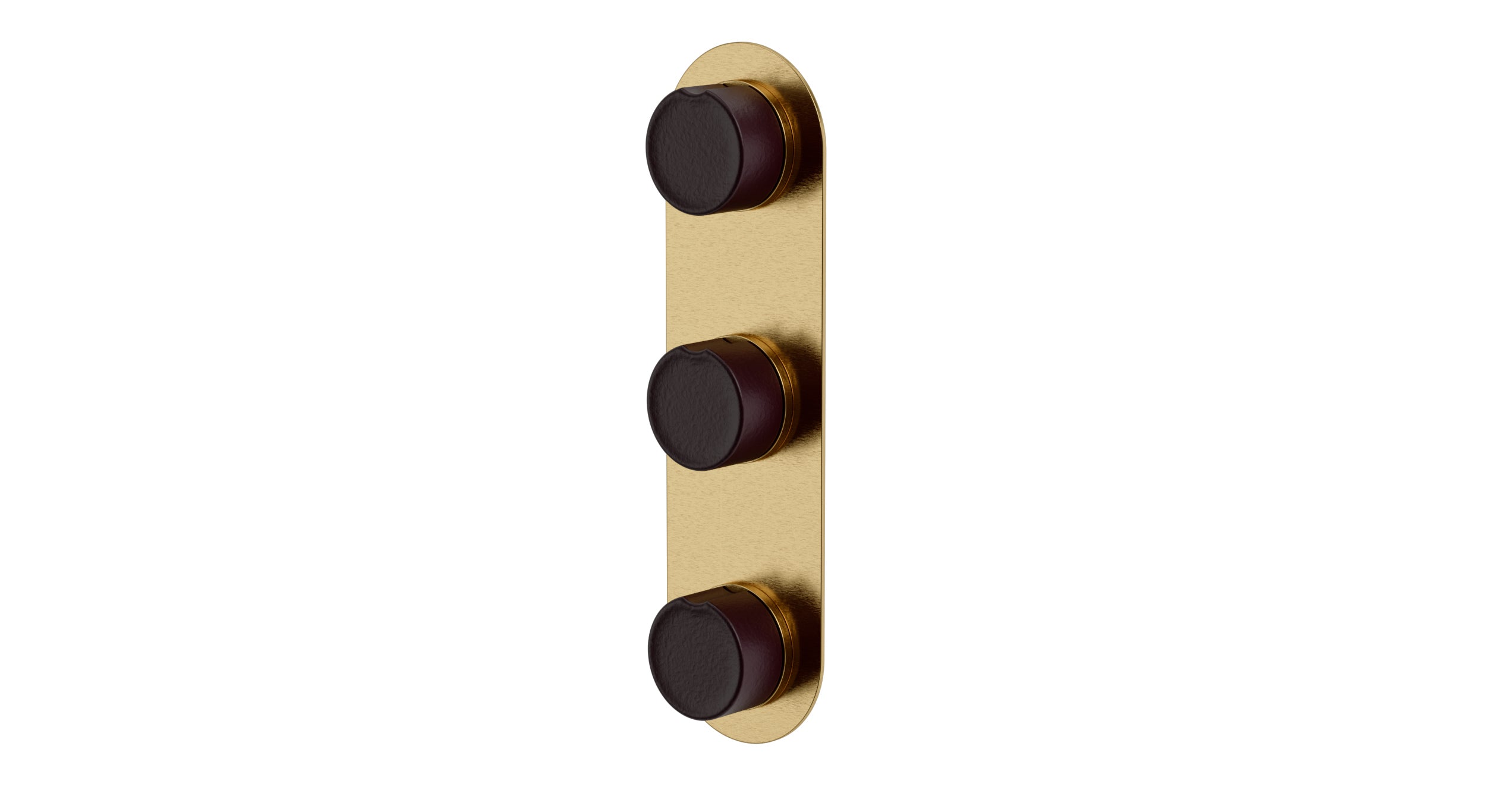 Foundry Three Handle Wall Mount Shower Trim with Groove Ceramic Knob Handles in Satin Brass