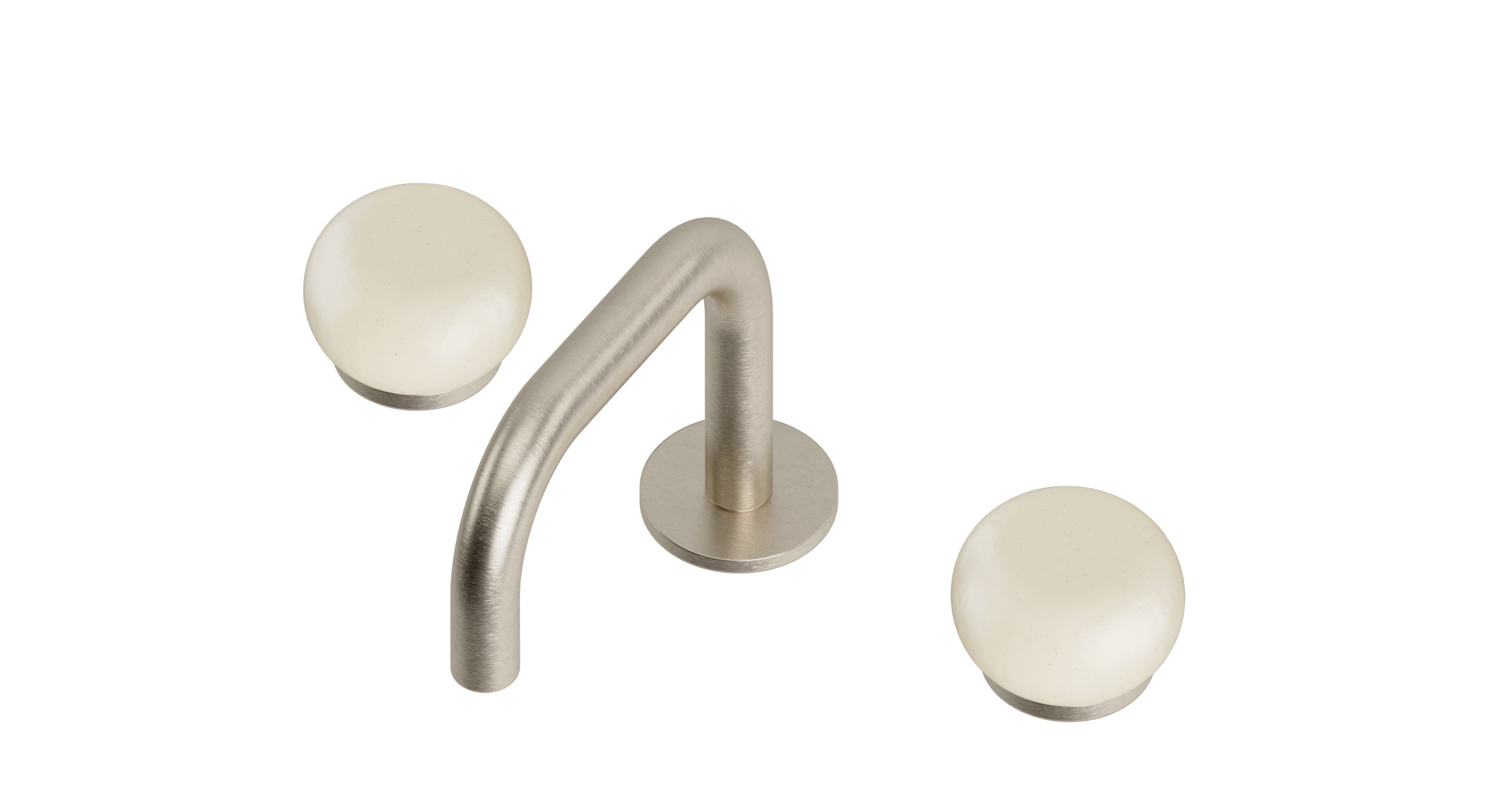 Foundry Two Handle Deck Mount Squaretop Lavatory Faucet with Pebble Ceramic Knob Handles in Satin Nickel