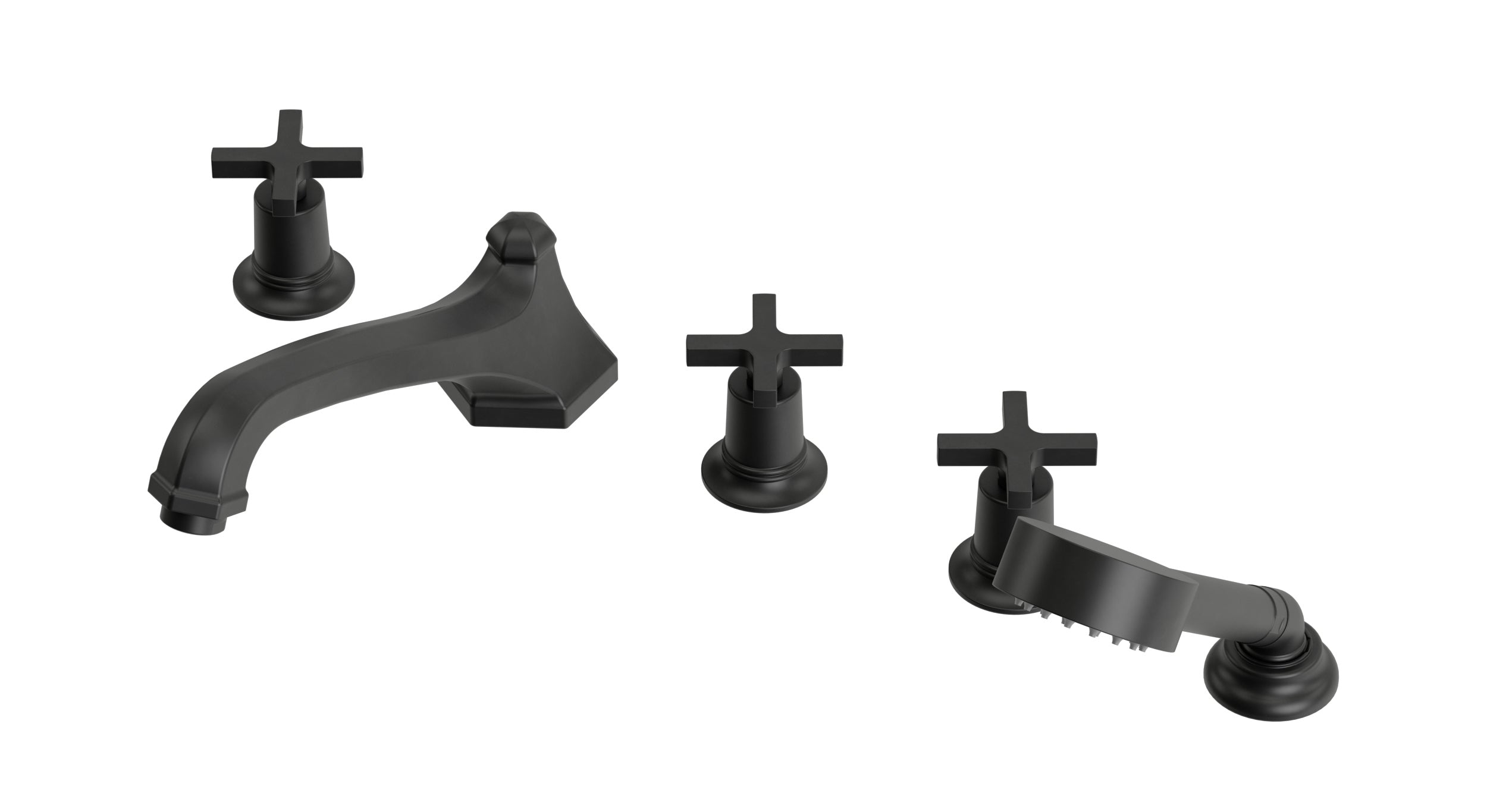 Emerson Three Handle Deck Mount Low Hexagon Bath Trim with Hand Shower and Classic Cross Handles in Oil Rubbed Bronze