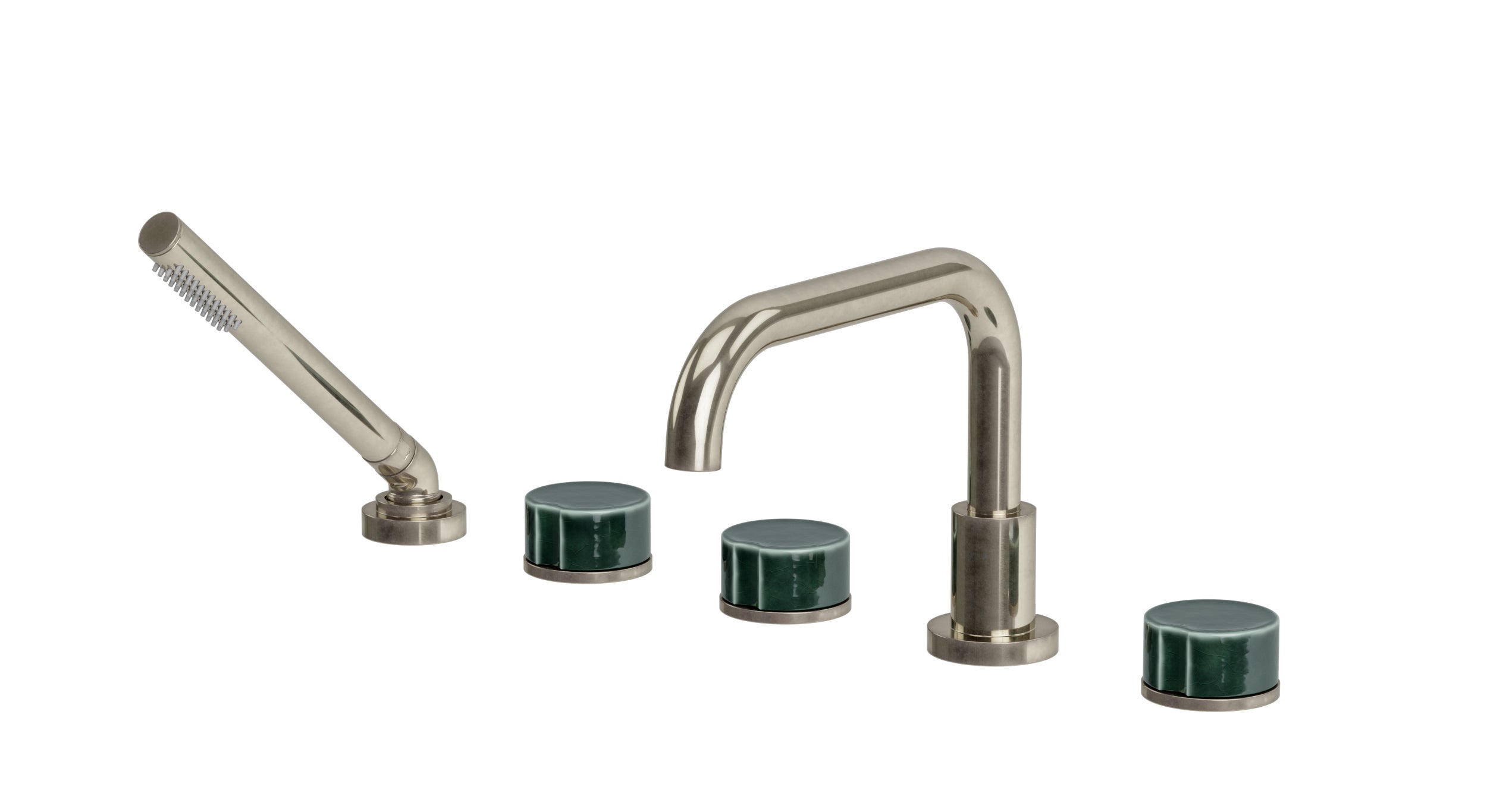 Foundry Three Handle Deck Mount Squaretop Bath Trim with Hand Shower and Groove Ceramic Knob Handles in French Nickel