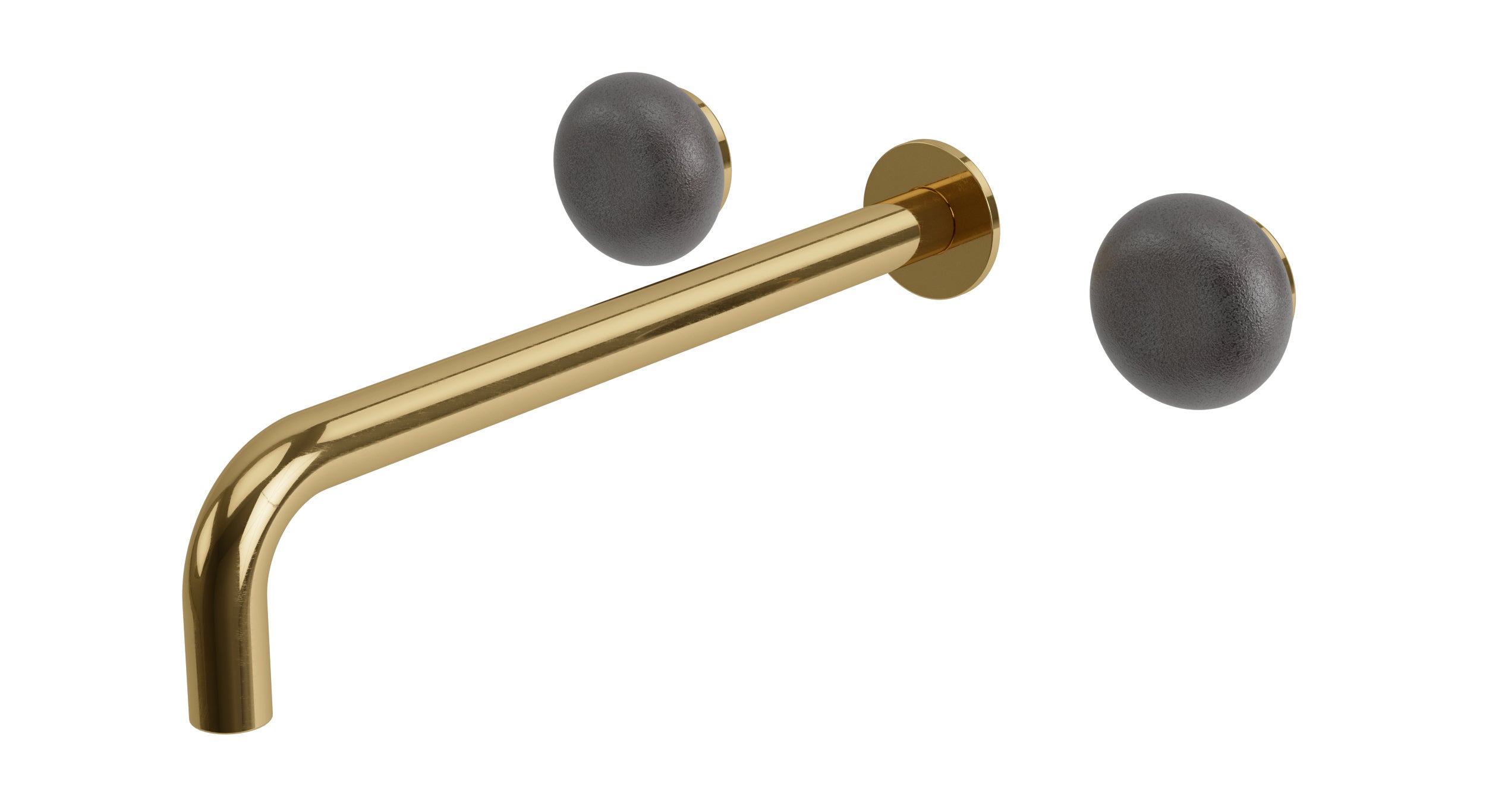 Foundry Two Handle Wall Mount 12" Lavatory Faucet with Pebble Ceramic Knob Handles in Uncoated Polished Brass