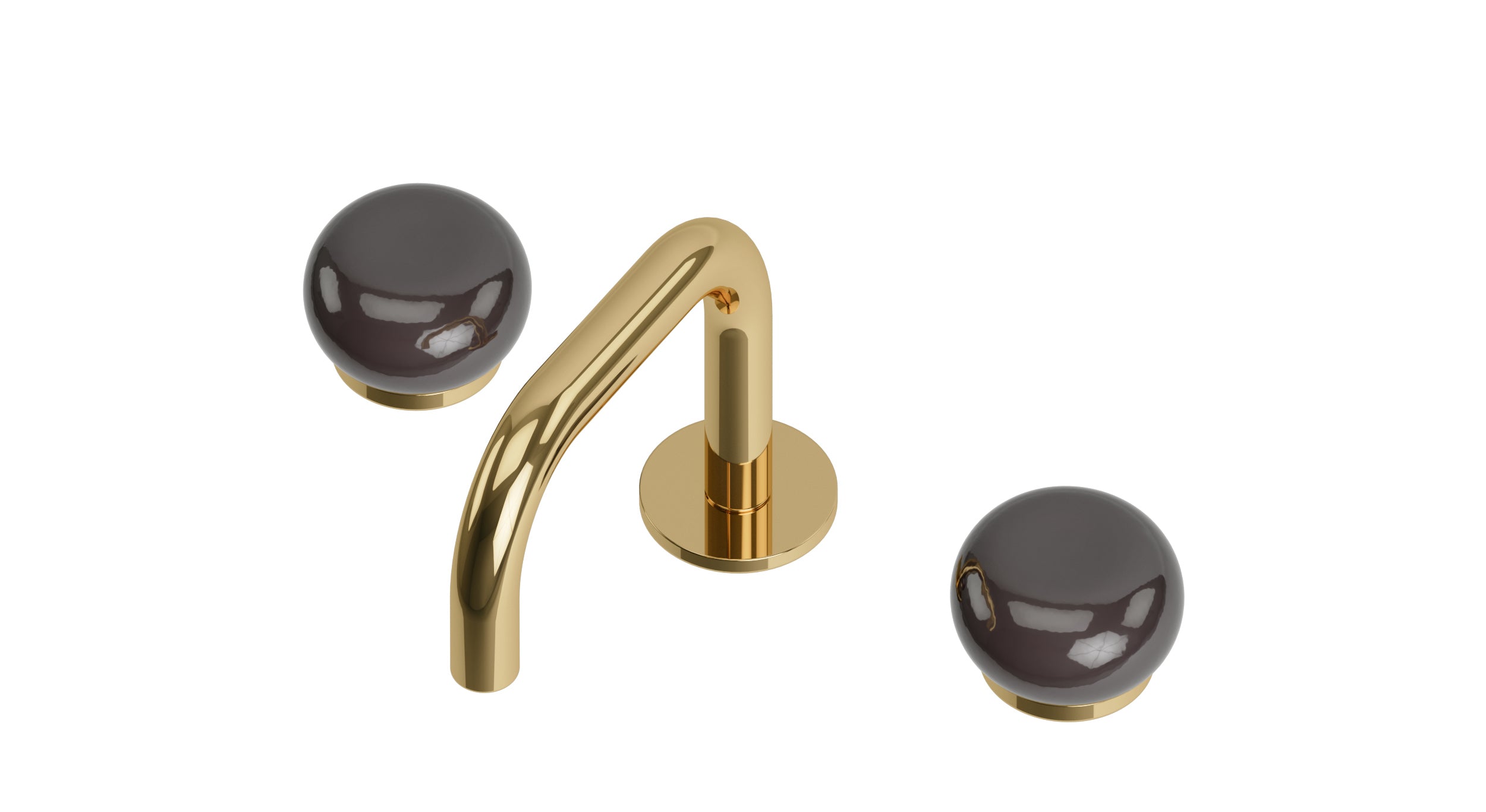 Foundry Two Handle Deck Mount Squaretop Lavatory Faucet with Pebble Ceramic Knob Handles in Polished Brass