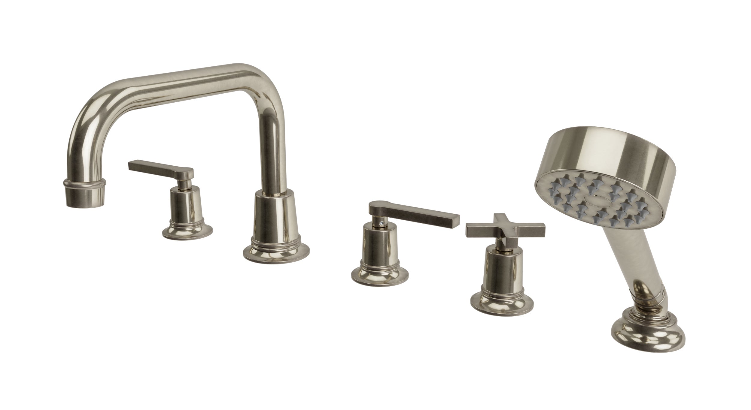 Emerson Three Handle Deck Mount Squaretop Bath Trim with Hand Shower and Classic Cross/Classic Lever Handles in French Nickel
