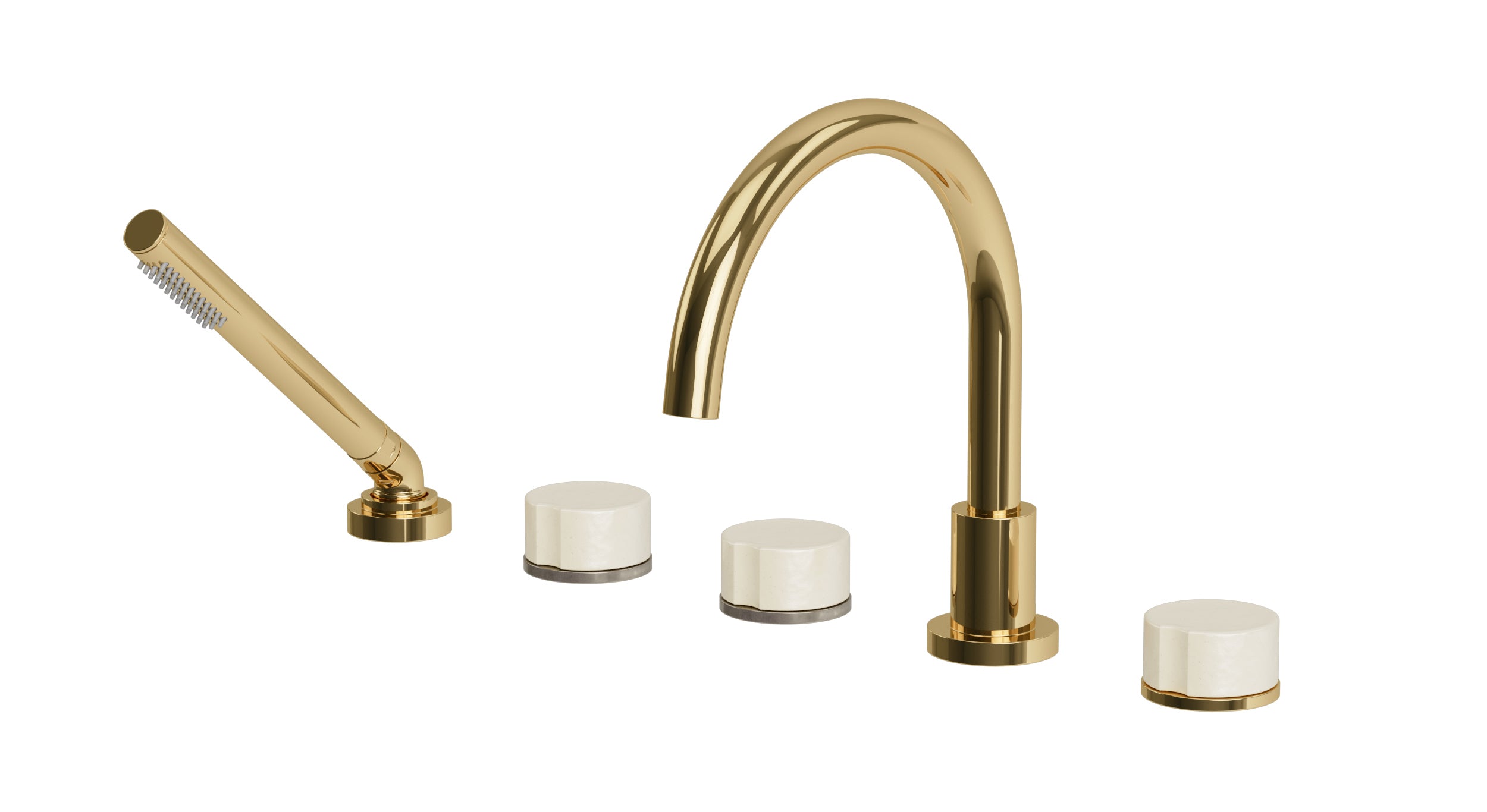 Foundry Three Handle Deck Mount Gooseneck Bath Trim with Hand Shower and Groove Ceramic Knob Handles in Polished Brass
