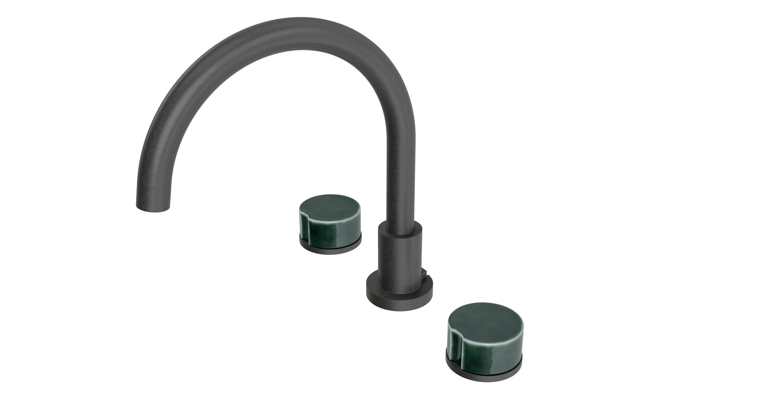 Foundry Two Handle Deck Mount Gooseneck Bath Trim with Groove Ceramic Knob Handles in Blackened Nickel