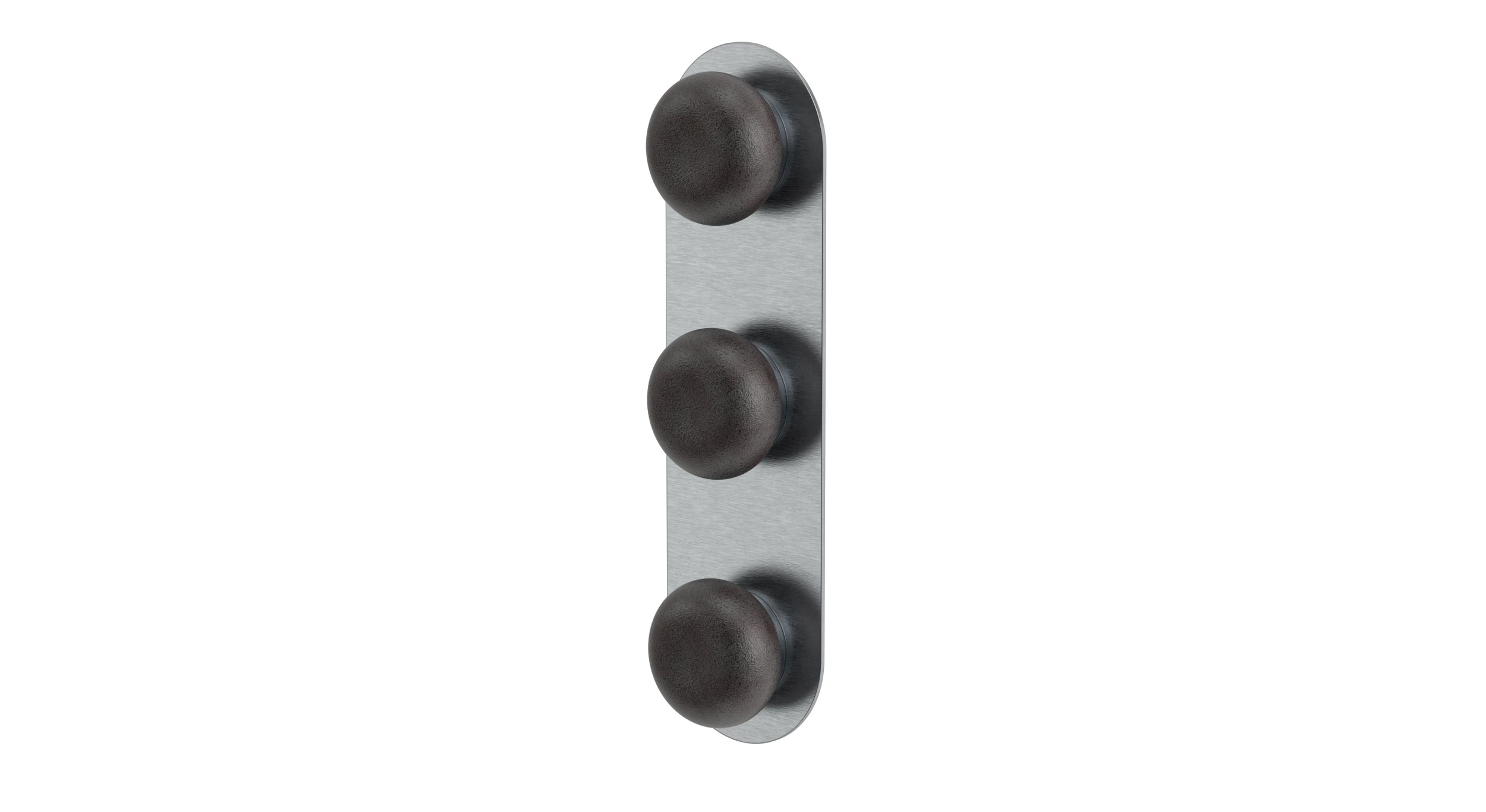 Foundry Three Handle Wall Mount Shower Trim with Pebble Ceramic Knob Handles in Satin Chrome
