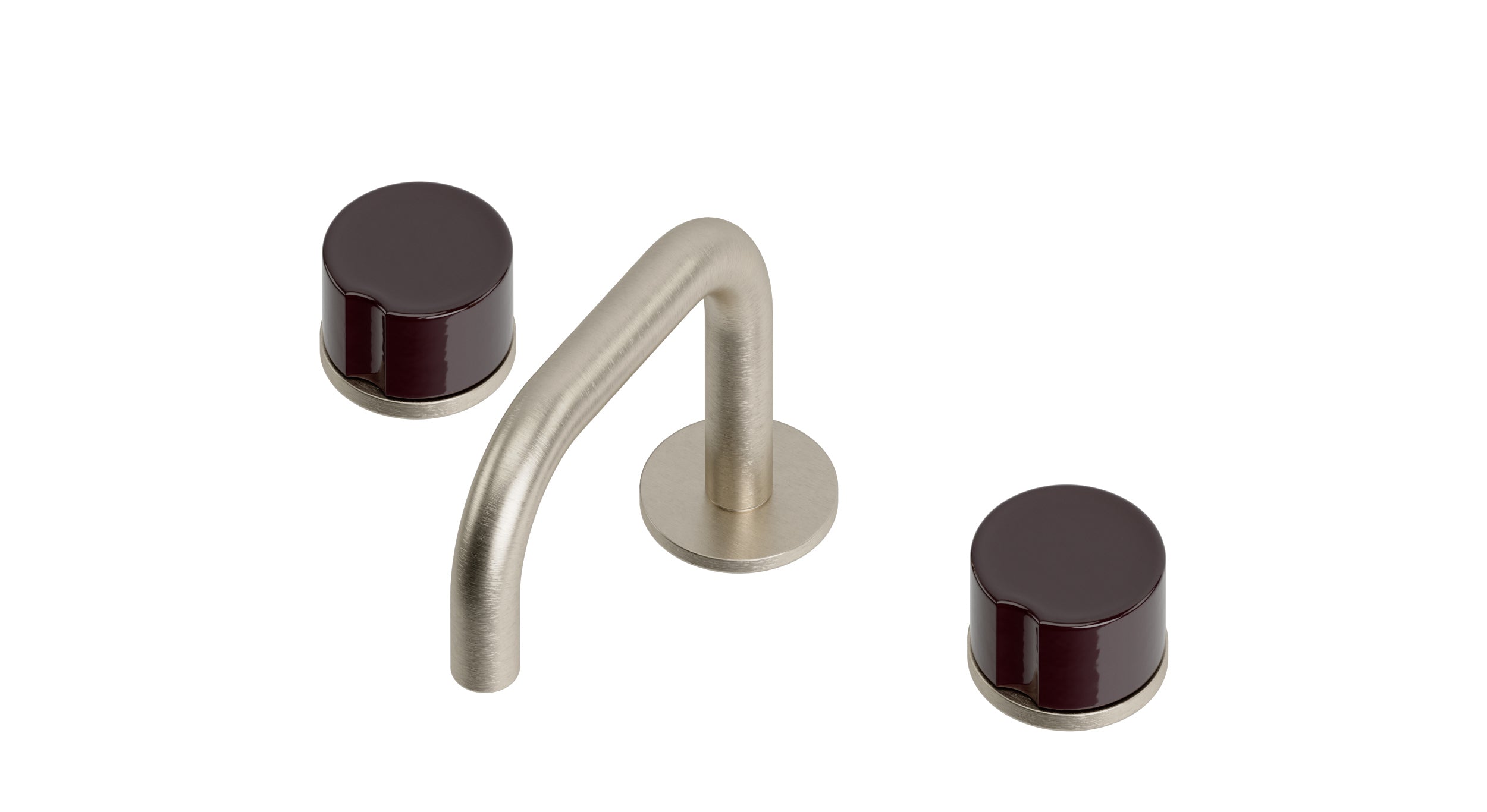 Foundry Two Handle Deck Mount Squaretop Lavatory Faucet with Groove Ceramic Knob Handles in Satin Nickel