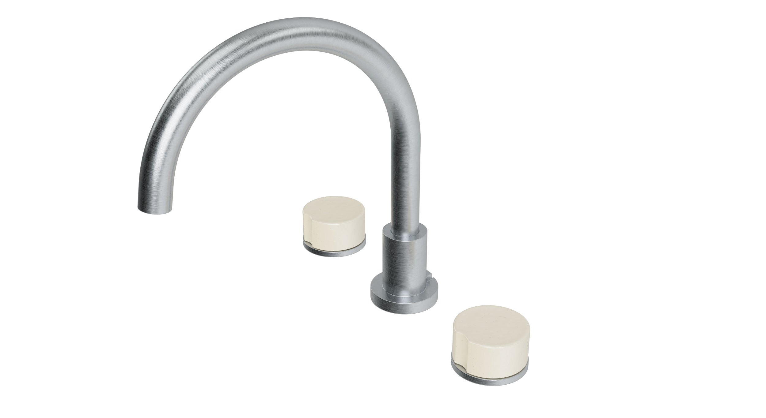 Foundry Two Handle Deck Mount Gooseneck Bath Trim with Groove Ceramic Knob Handles in Satin Chrome