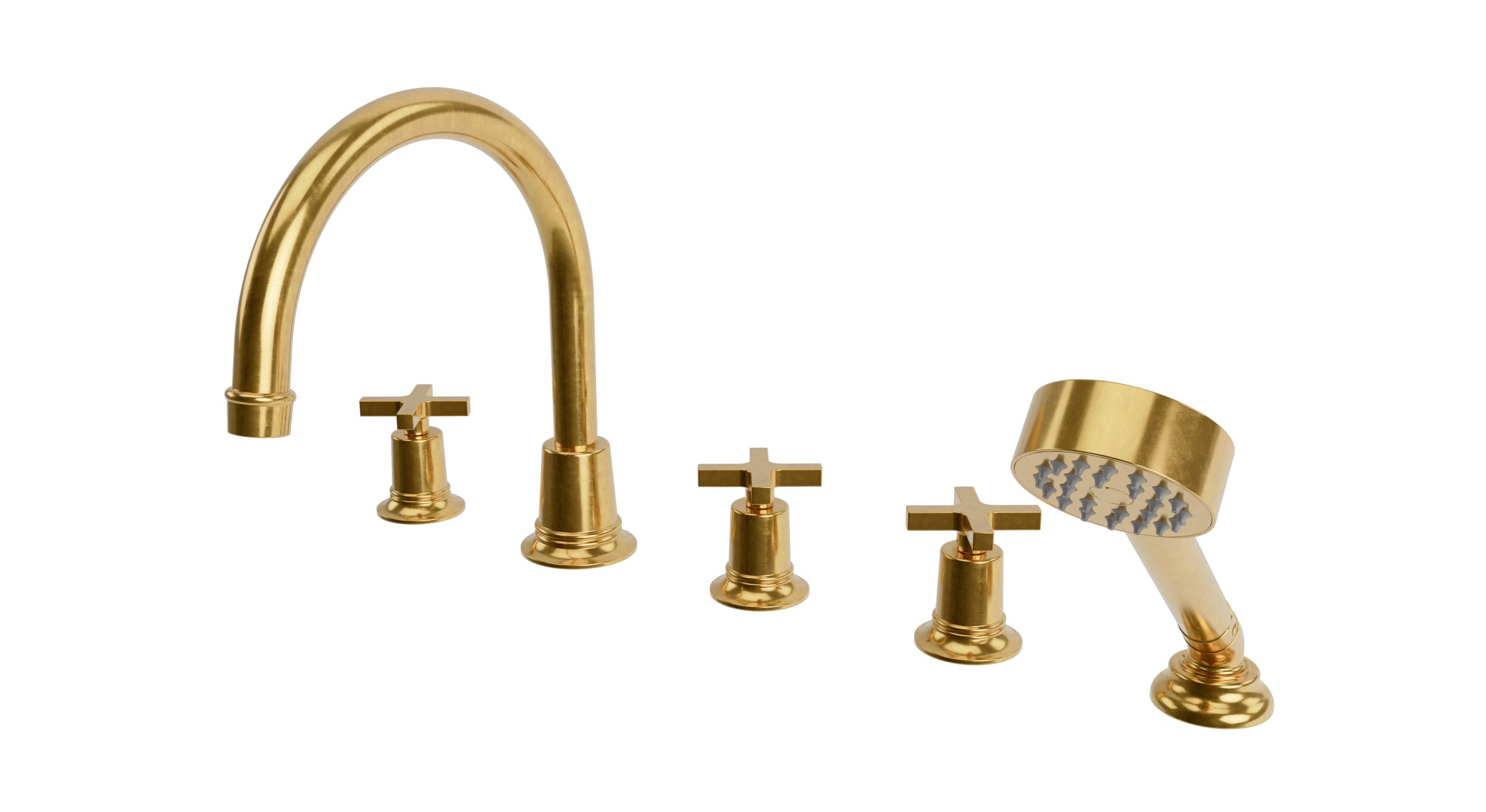 Emerson Three Handle Deck Mount Gooseneck Bath Trim with Hand Shower and Classic Cross Handles in French Brass