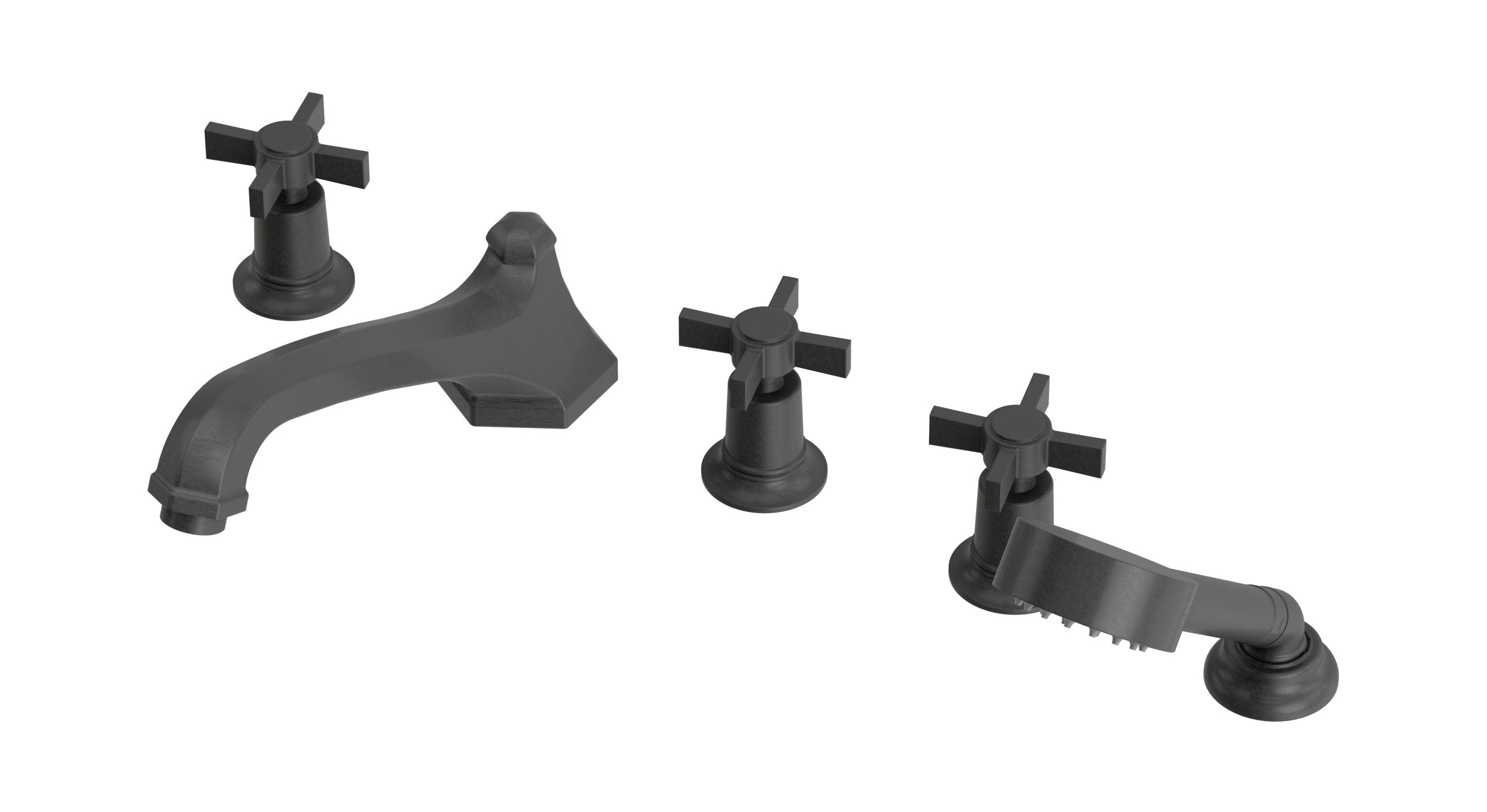 Emerson Three Handle Deck Mount Low Hexagon Bath Trim with Hand Shower and Defined Cross Handles in Blackened Nickel