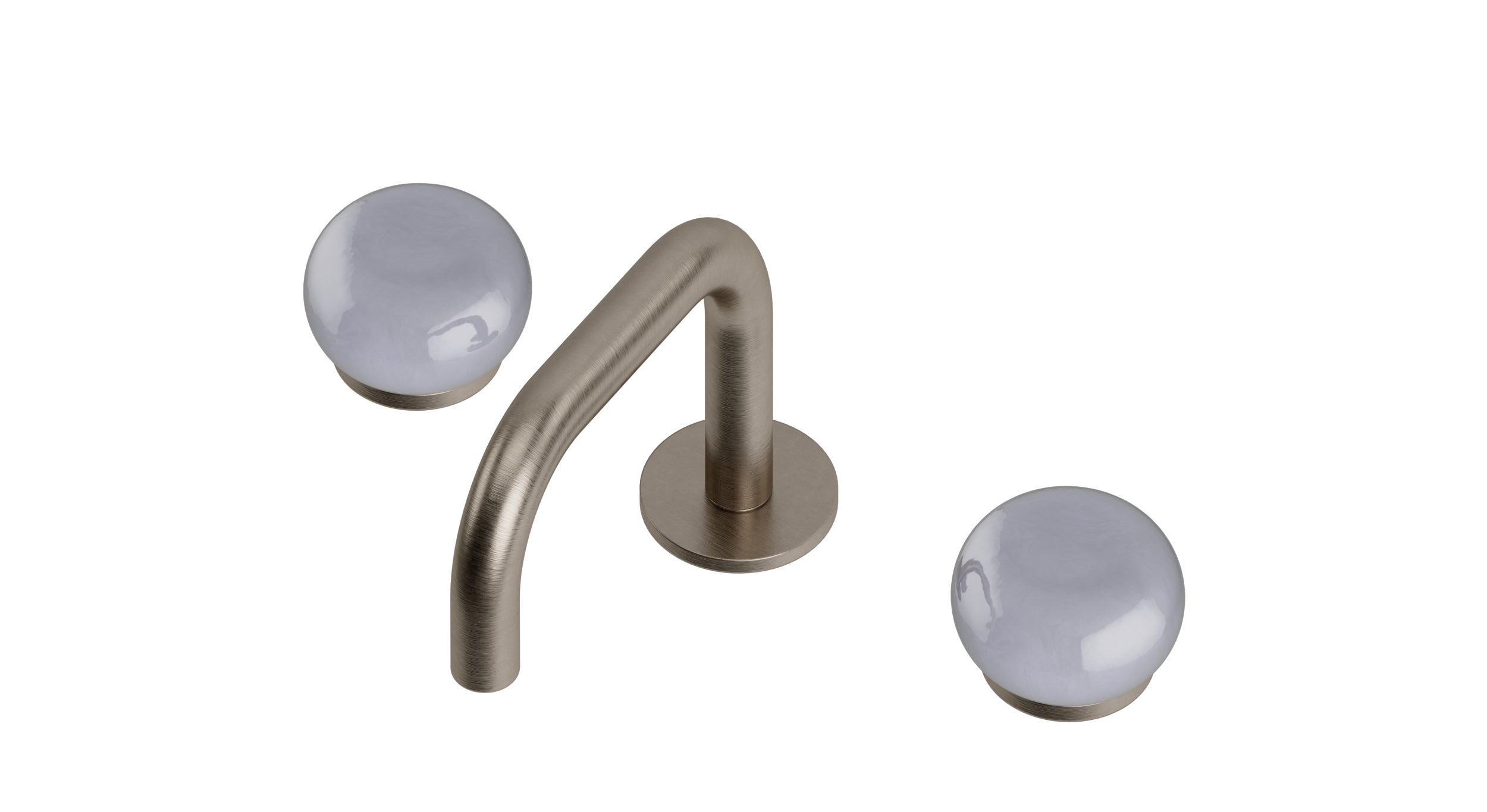 Foundry Two Handle Deck Mount Squaretop Lavatory Faucet with Pebble Ceramic Knob Handles in Antique Nickel