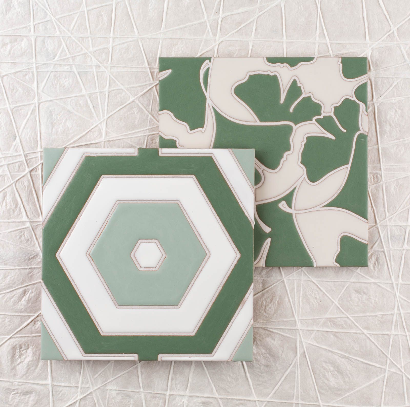 8x8 Handpainted Tile Tortoise Shell in Green Motif
