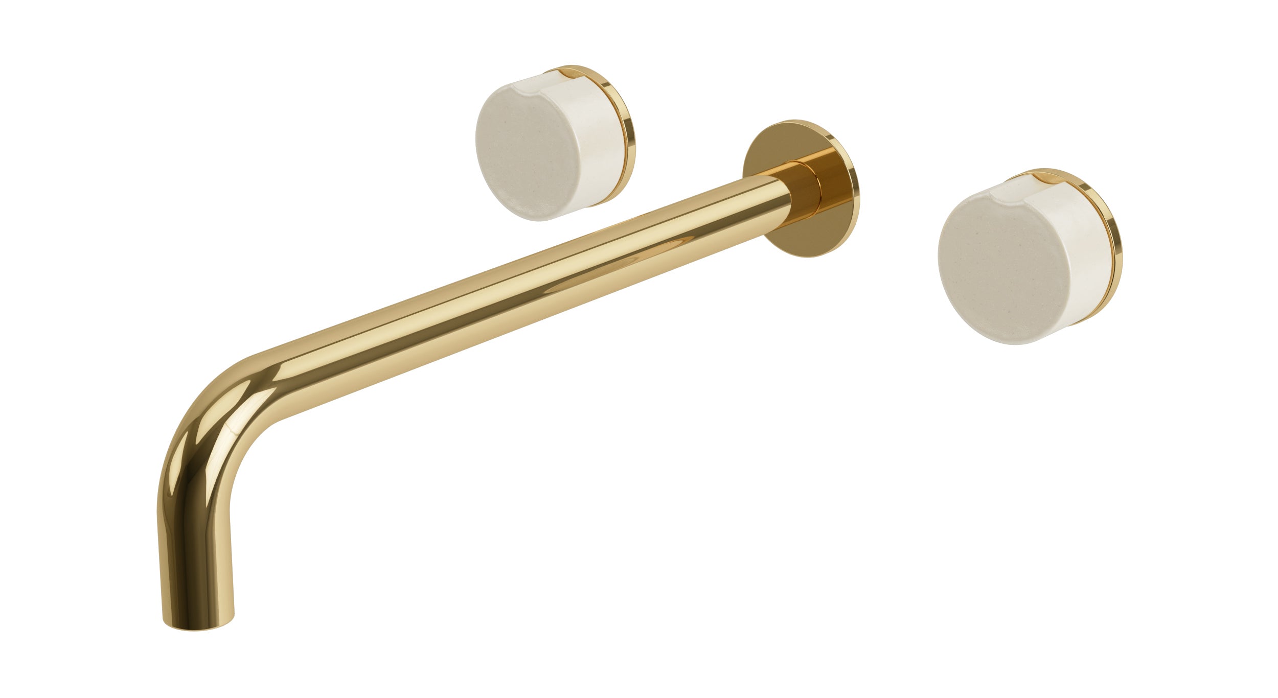 Foundry Two Handle Wall Mount 12" Lavatory Faucet with Groove Ceramic Knob Handles in Polished Brass