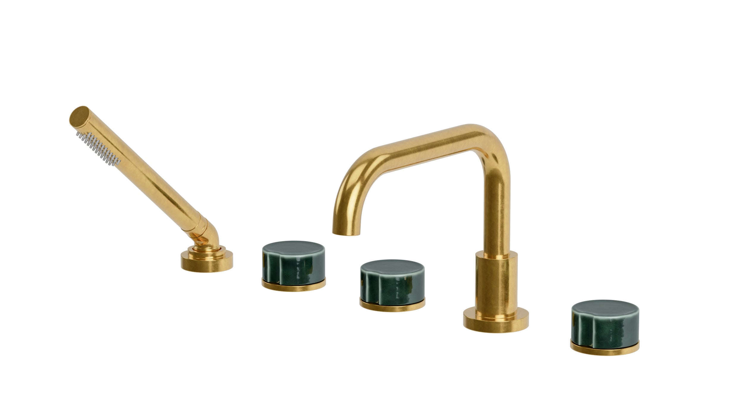 Foundry Three Handle Deck Mount Squaretop Bath Trim with Hand Shower and Groove Ceramic Knob Handles in French Brass