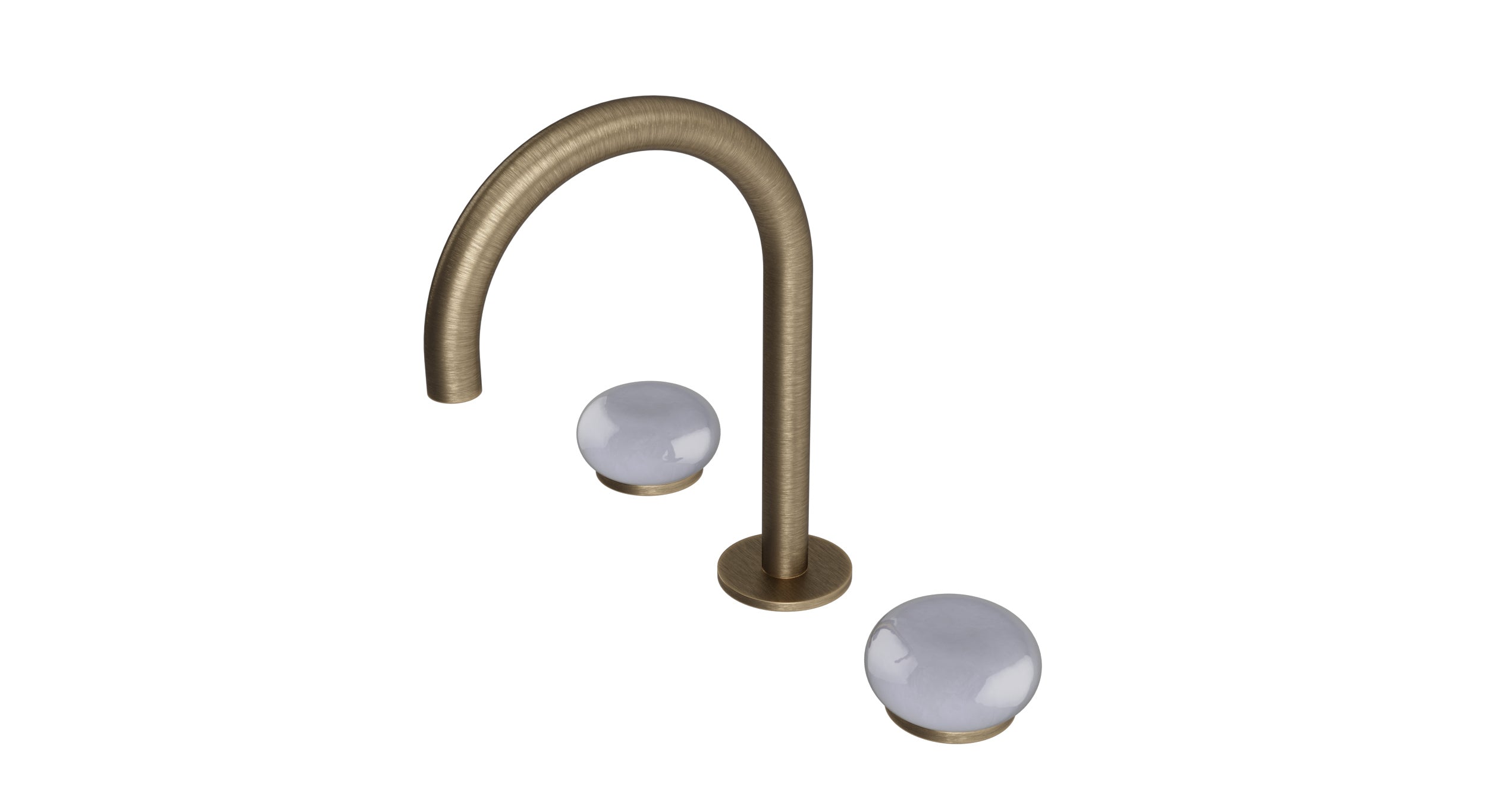 Foundry Two Handle Deck Mount Gooseneck Lavatory Faucet with Pebble Ceramic Knob Handles in Antique Brass