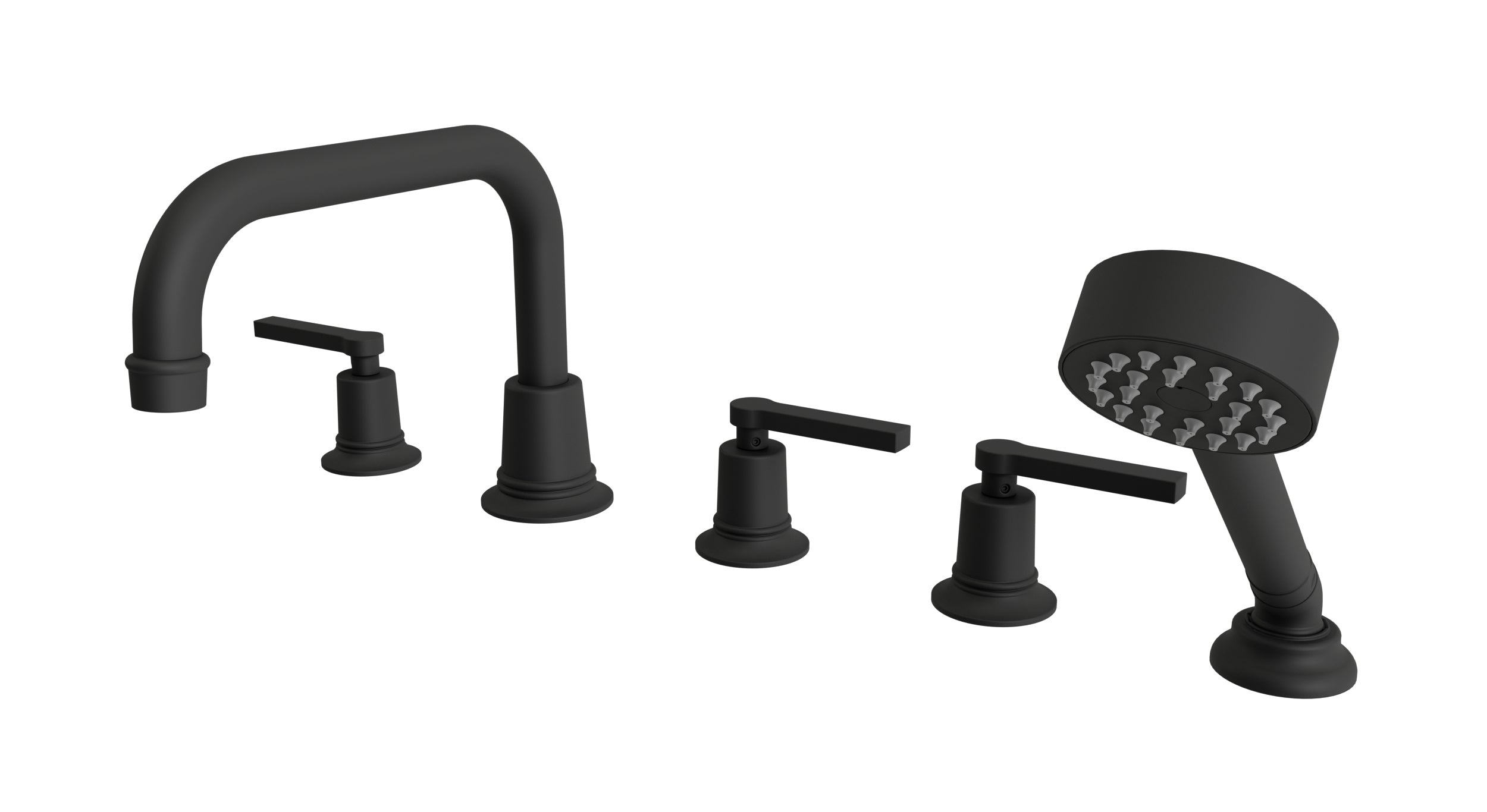 Emerson Three Handle Deck Mount Squaretop Bath Trim with Hand Shower and Classic Lever Handles in Matte Black