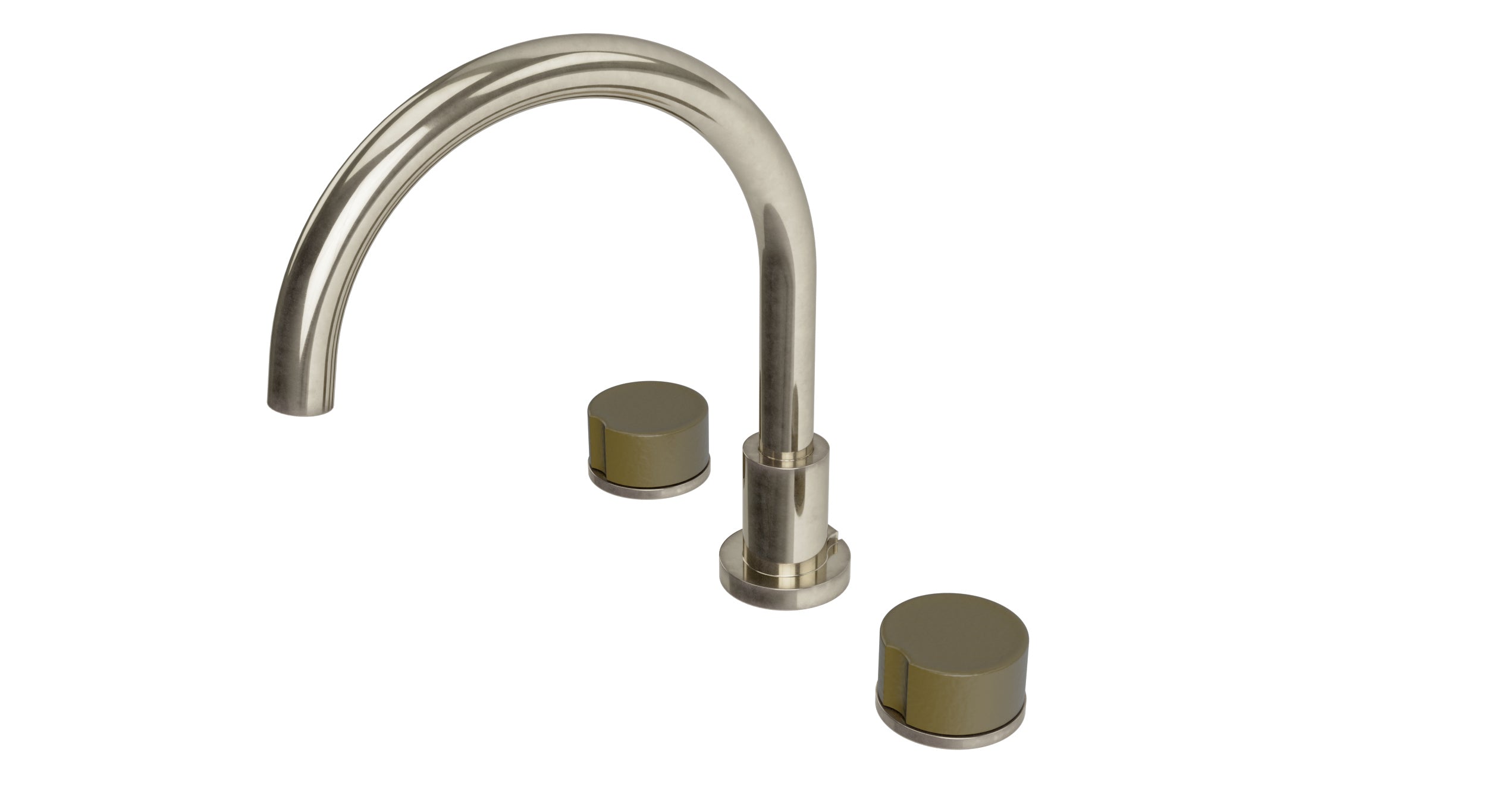 Foundry Two Handle Deck Mount Gooseneck Bath Trim with Groove Ceramic Knob Handles in French Nickel