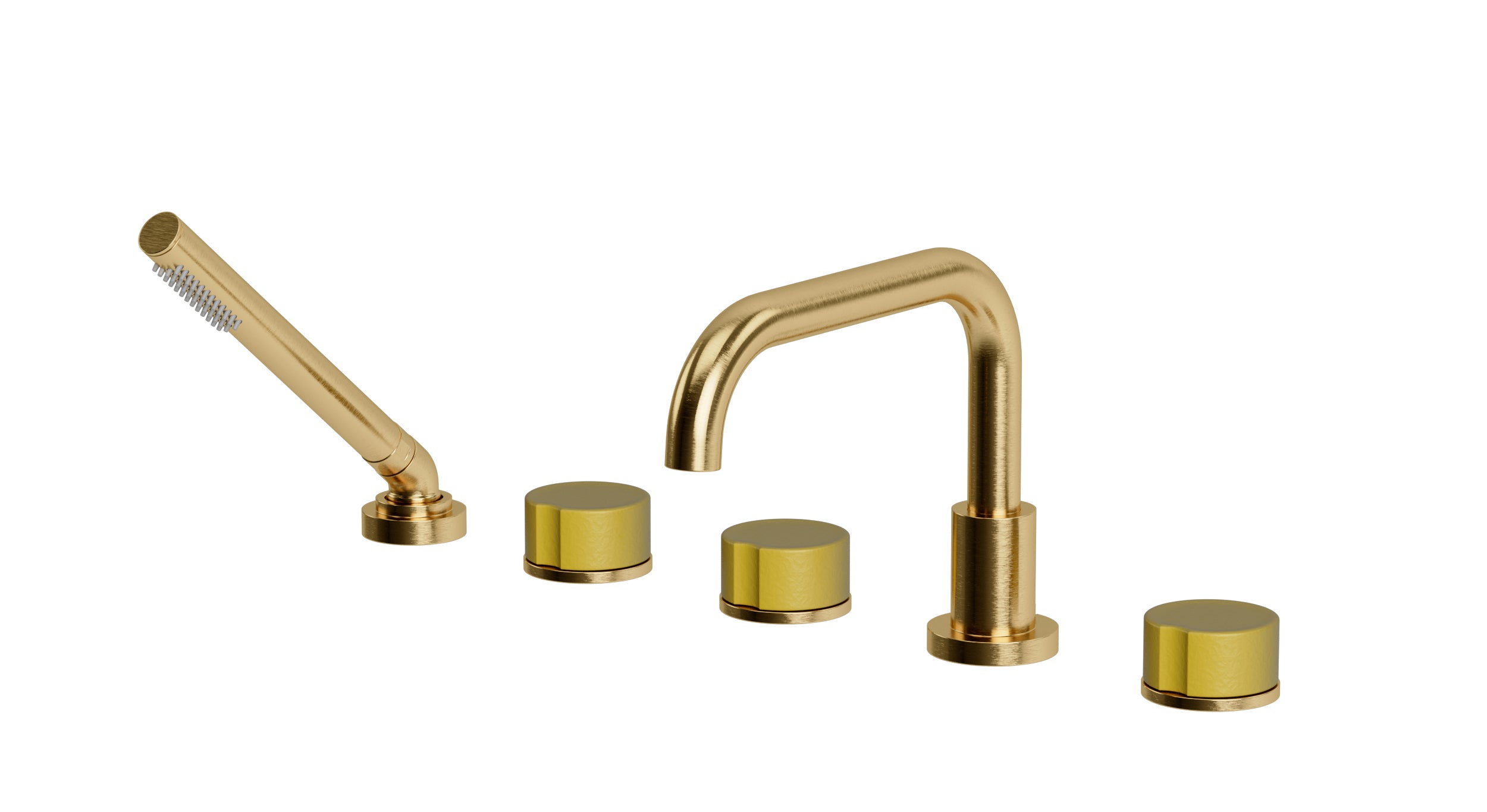 Foundry Three Handle Deck Mount Squaretop Bath Trim with Hand Shower and Groove Ceramic Knob Handles in Satin Brass