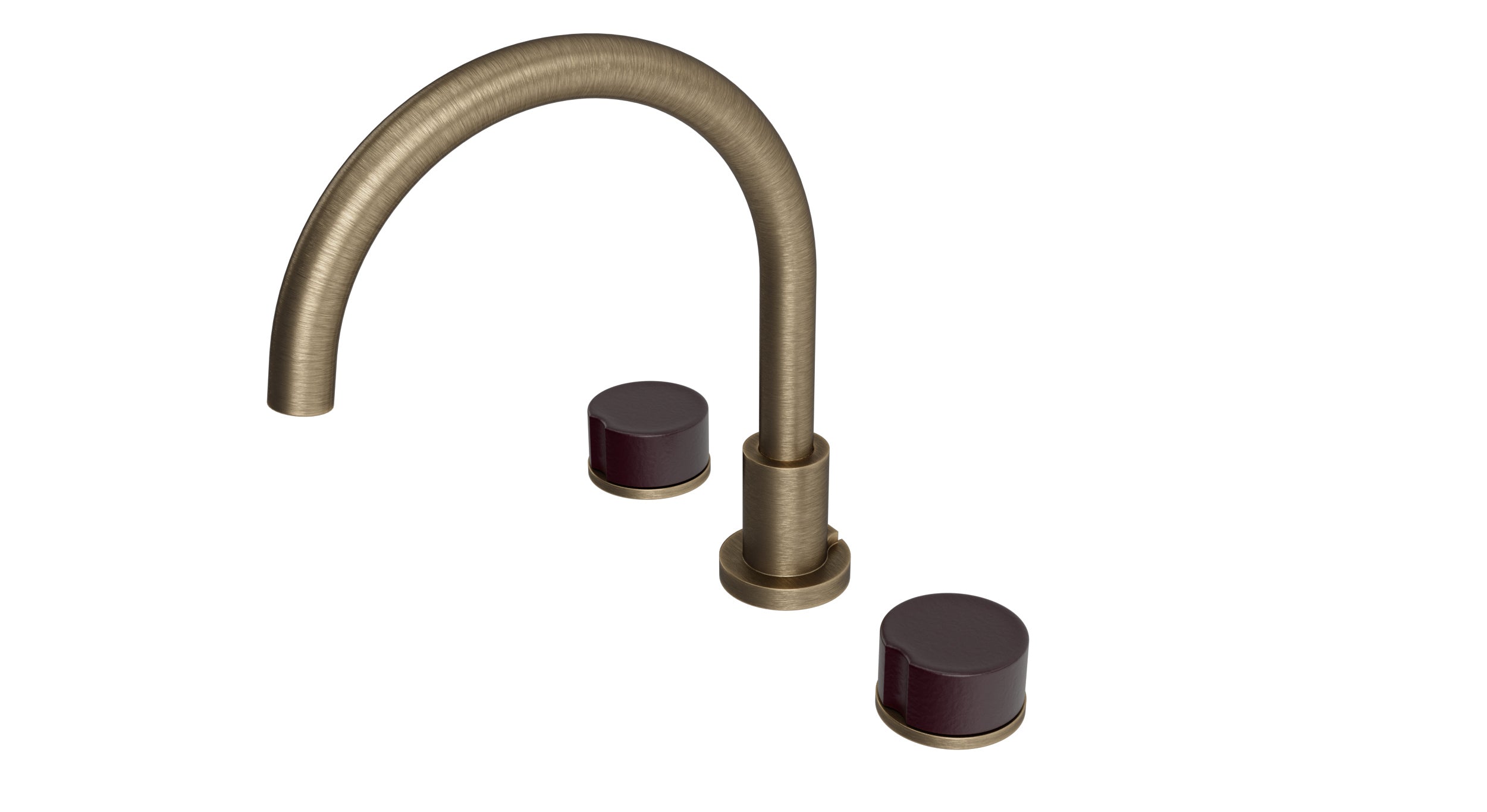 Foundry Two Handle Deck Mount Gooseneck Bath Trim with Groove Ceramic Knob Handles in Antique Brass