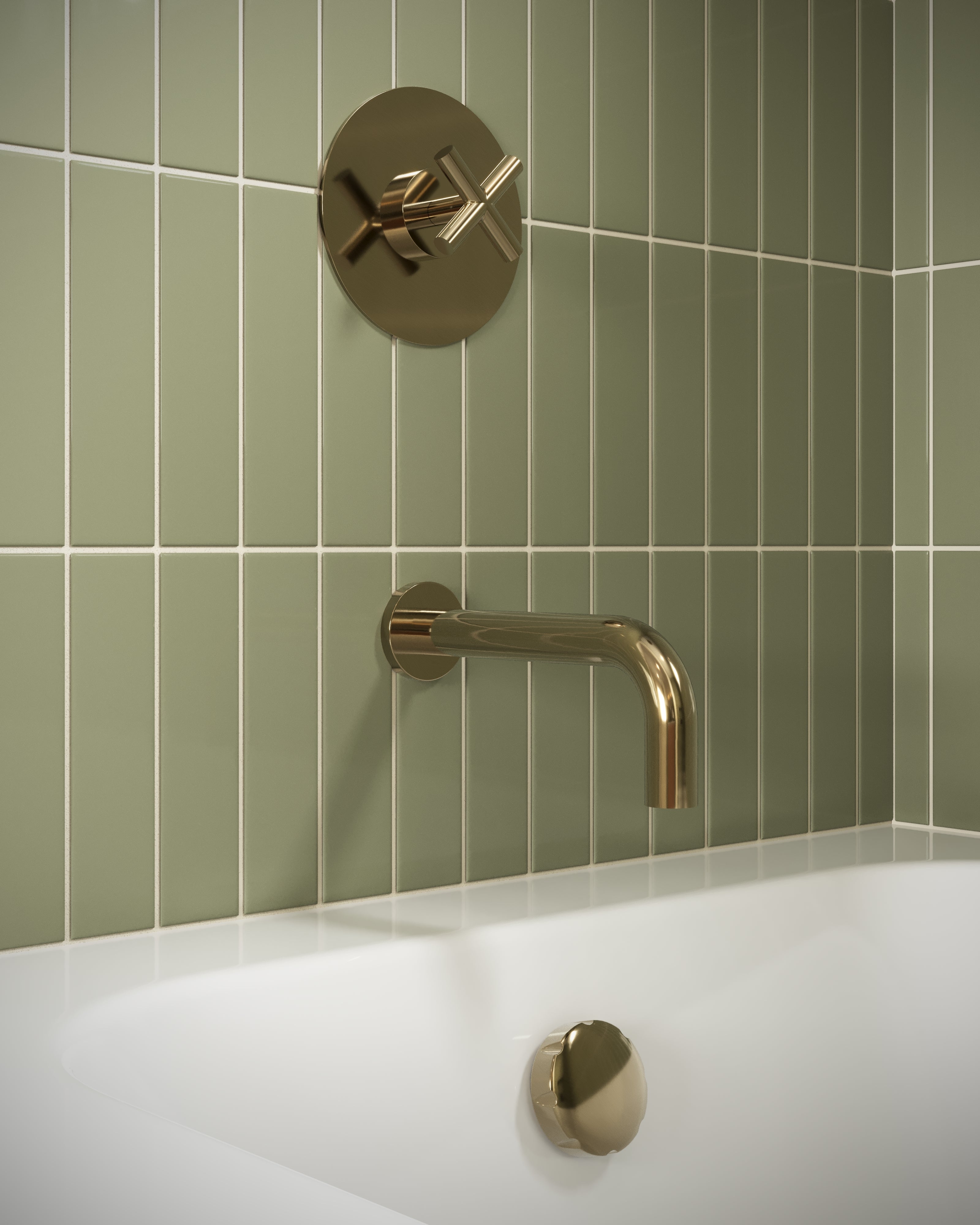 Contour One Handle Wall Mount Shower Trim with Soft Cross Handle in Polished Brass