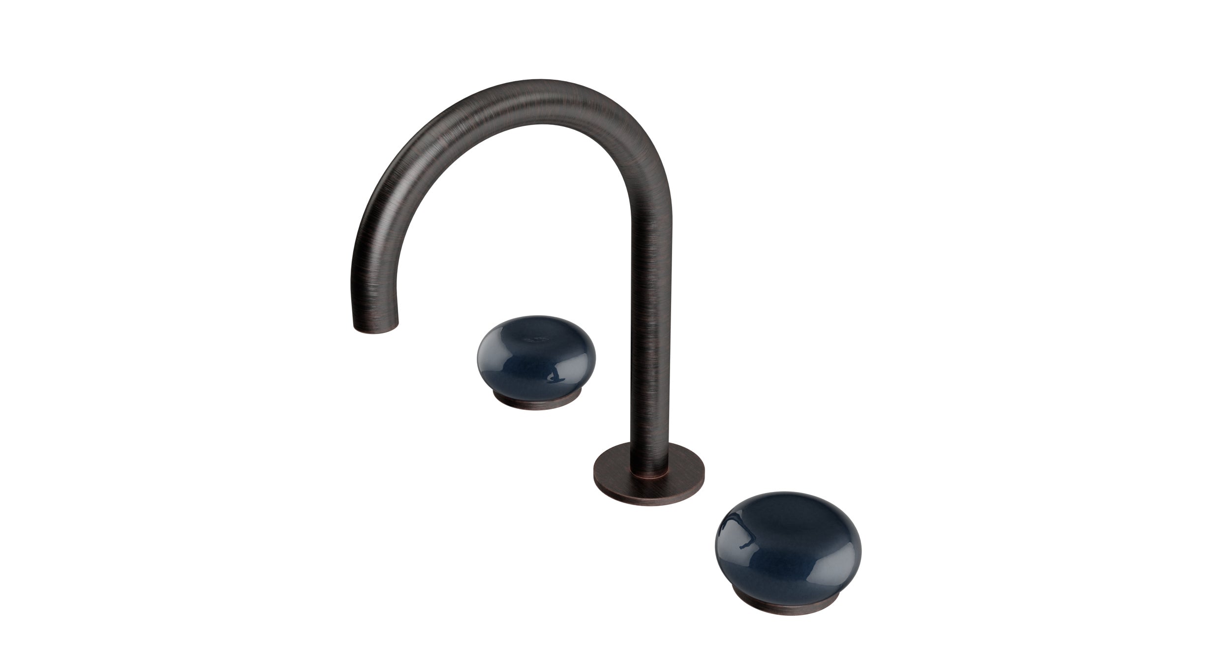 Foundry Two Handle Deck Mount Gooseneck Lavatory Faucet with Pebble Ceramic Knob Handles in Antique Bronze