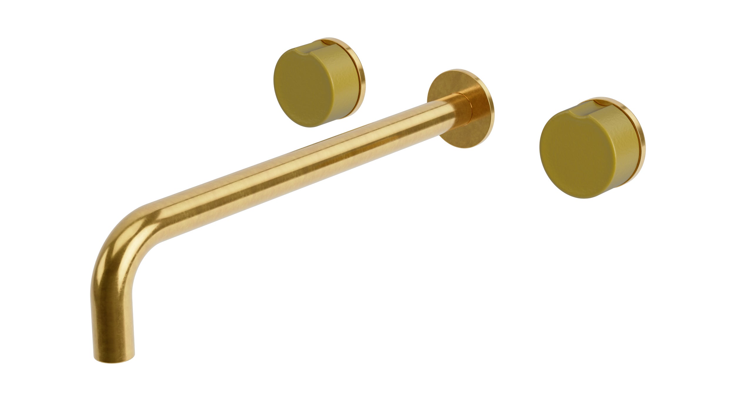 Foundry Two Handle Wall Mount 12" Lavatory Faucet with Groove Ceramic Knob Handles in French Brass