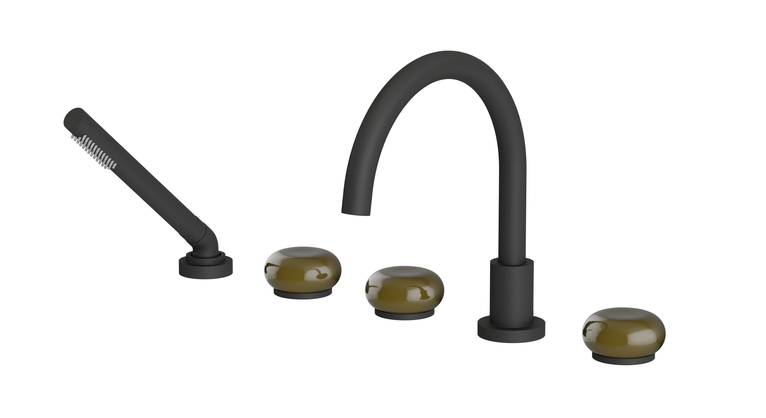 Foundry Three Handle Deck Mount Gooseneck Bath Trim with Hand Shower and Pebble Ceramic Knob Handles in Matte Black