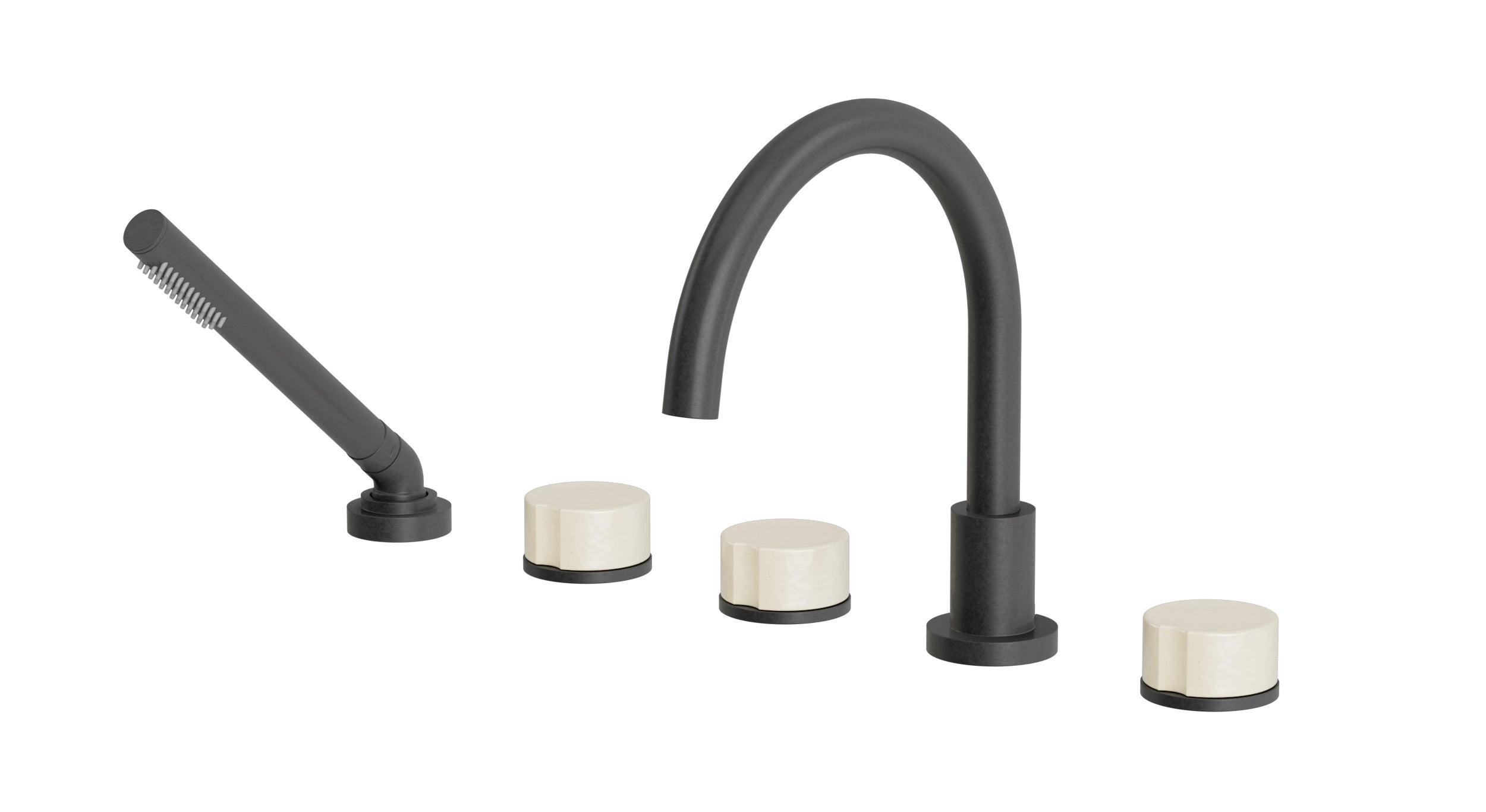 Foundry Three Handle Deck Mount Gooseneck Bath Trim with Hand Shower and Groove Ceramic Knob Handles in Blackened Nickel