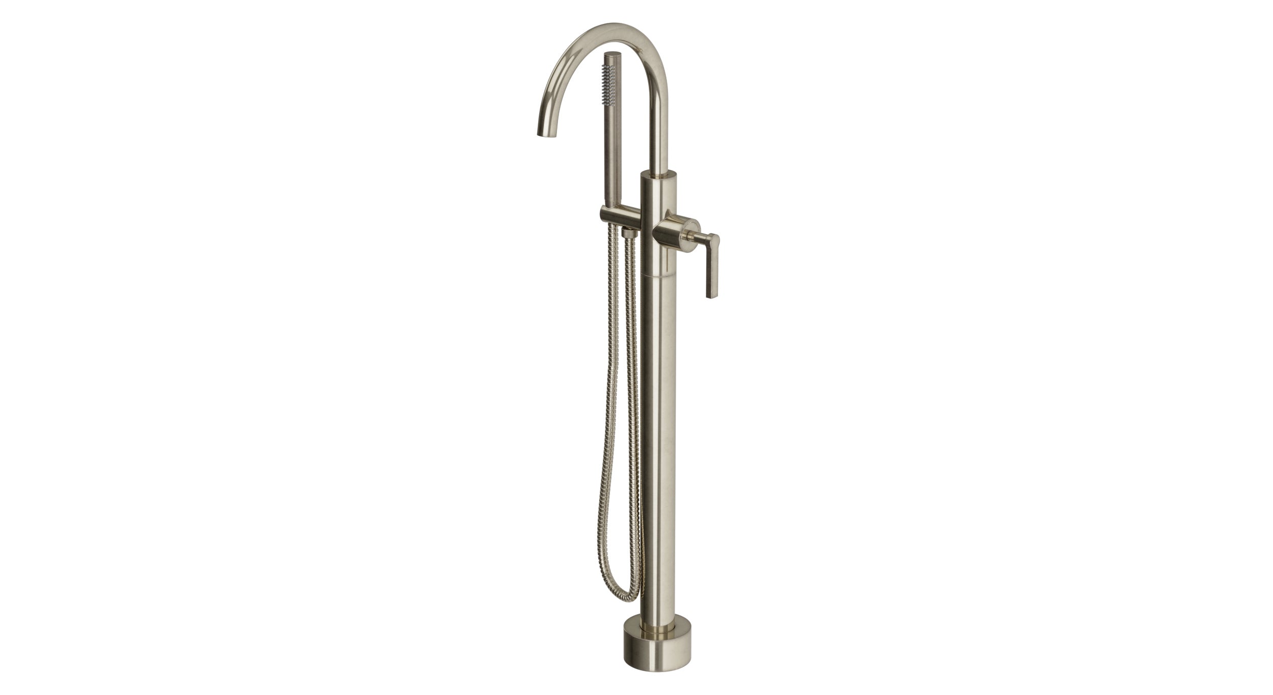 Flatiron One Handle Floor Mount Gooseneck Bath Trim with Hand Shower and Linear Lever Handle in French Nickel