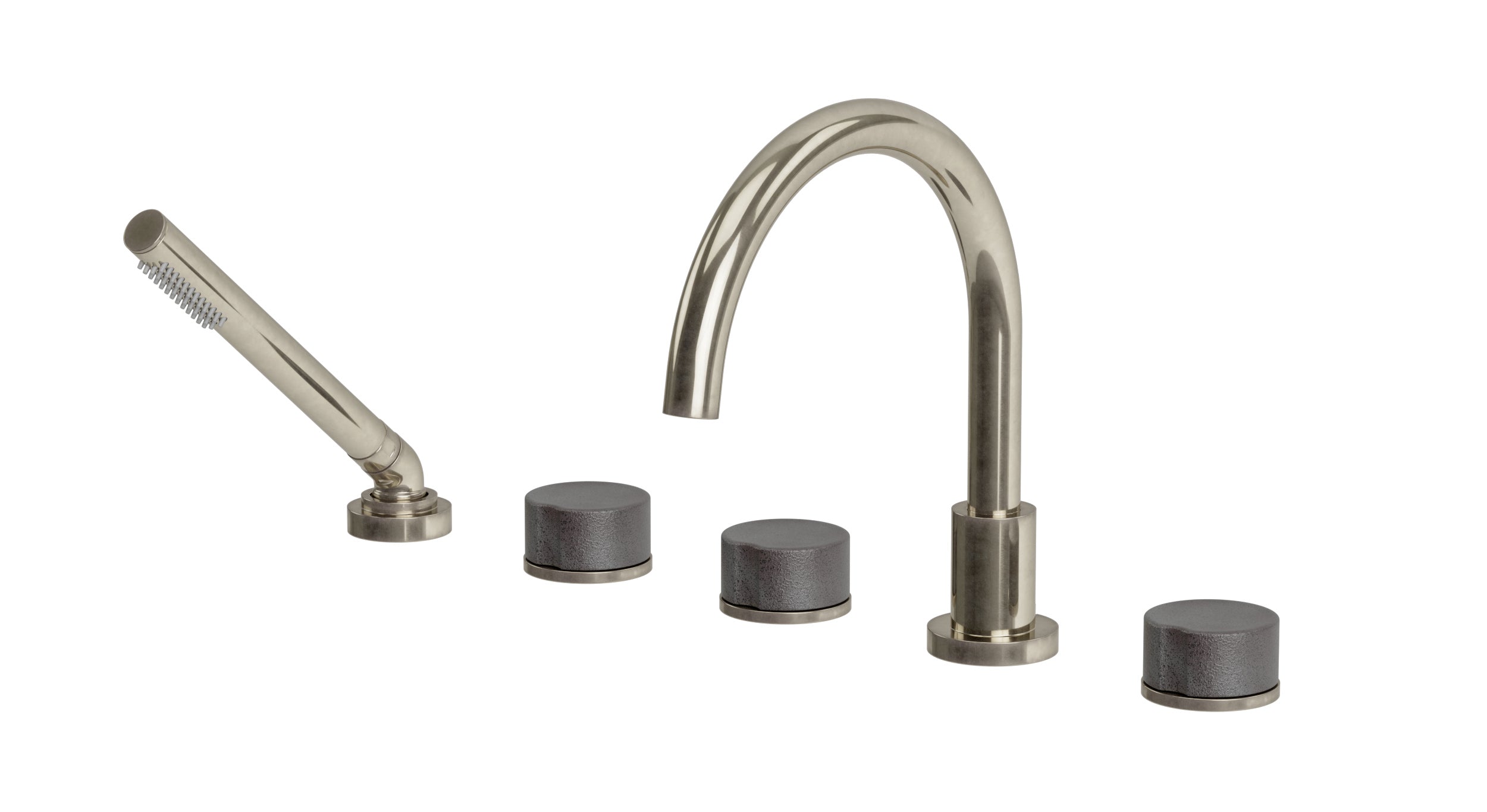 Foundry Three Handle Deck Mount Gooseneck Bath Trim with Hand Shower and Groove Ceramic Knob Handles in French Nickel
