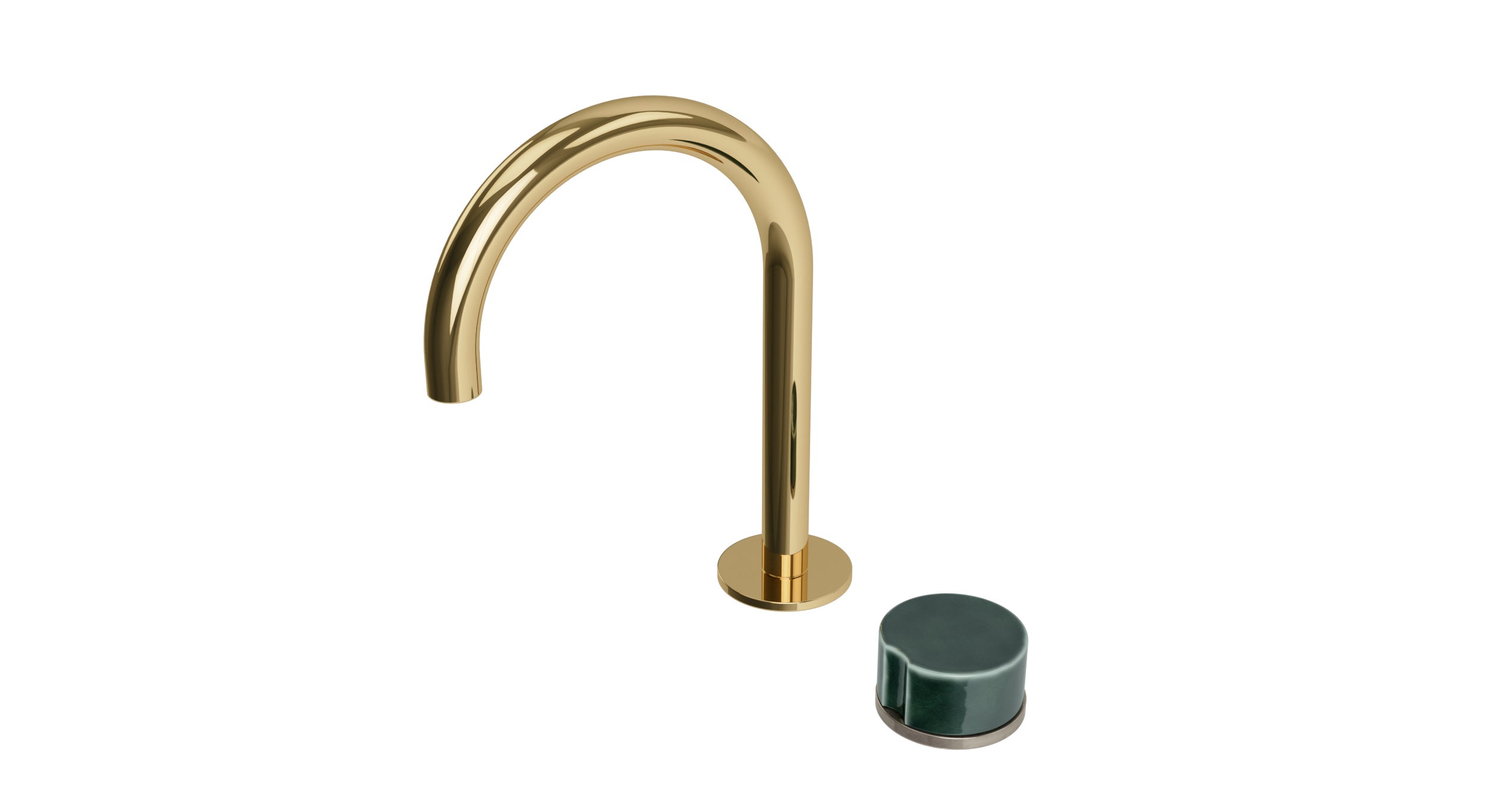 Foundry One Handle Deck Mount Gooseneck Lavatory Faucet with Groove Ceramic Knob Handle in Polished Brass