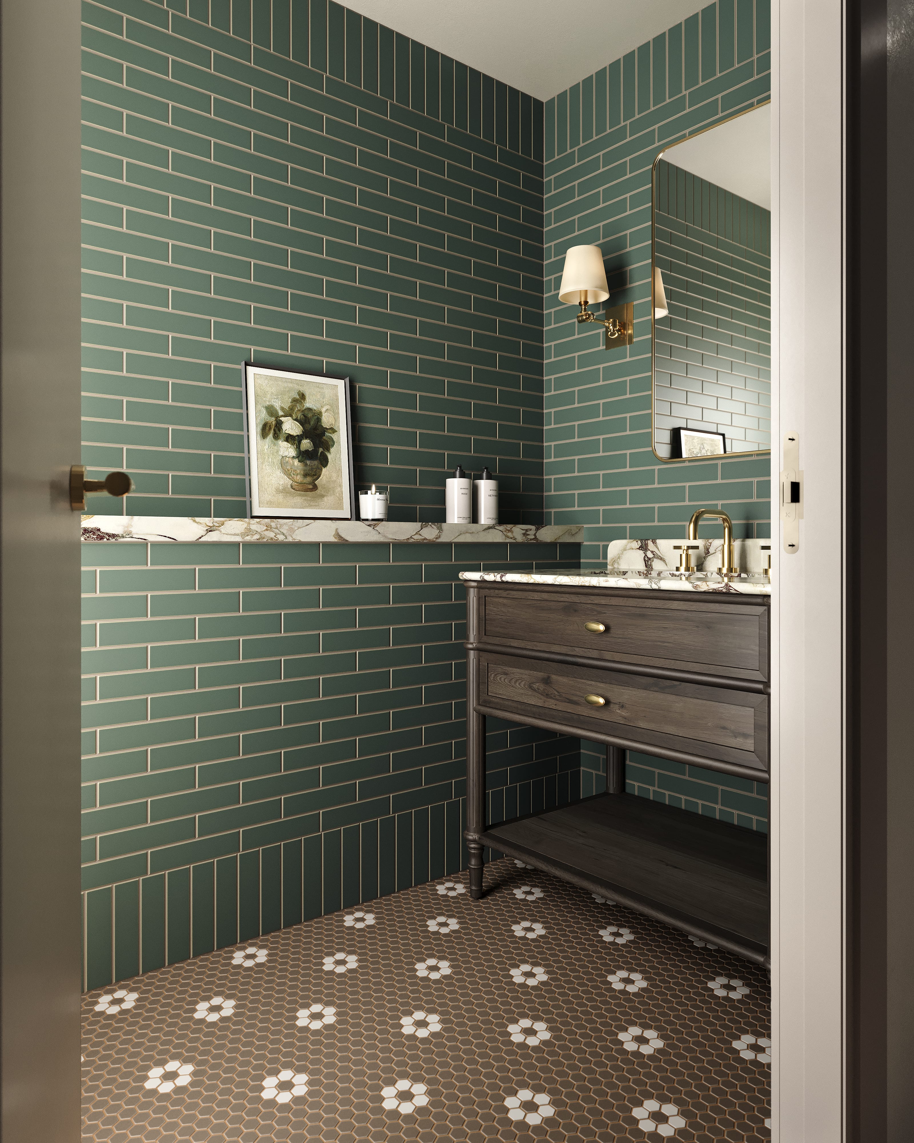 1" Hexagon Double Daisy Sheeted Original Ceramic Tile in Cardamom Matte & Calcite Matte