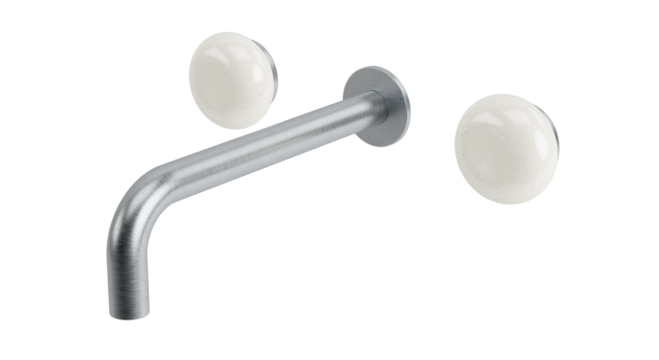 Foundry Two Handle Wall Mount 7.5" Lavatory Faucet with Pebble Ceramic Knob Handles in Satin Chrome