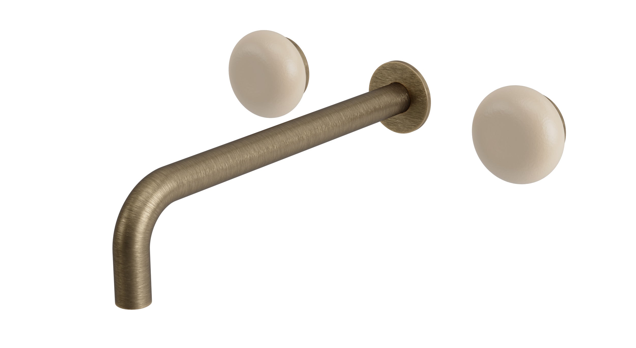 Foundry Two Handle Wall Mount 10" Lavatory Faucet with Pebble Ceramic Knob Handles in Antique Brass