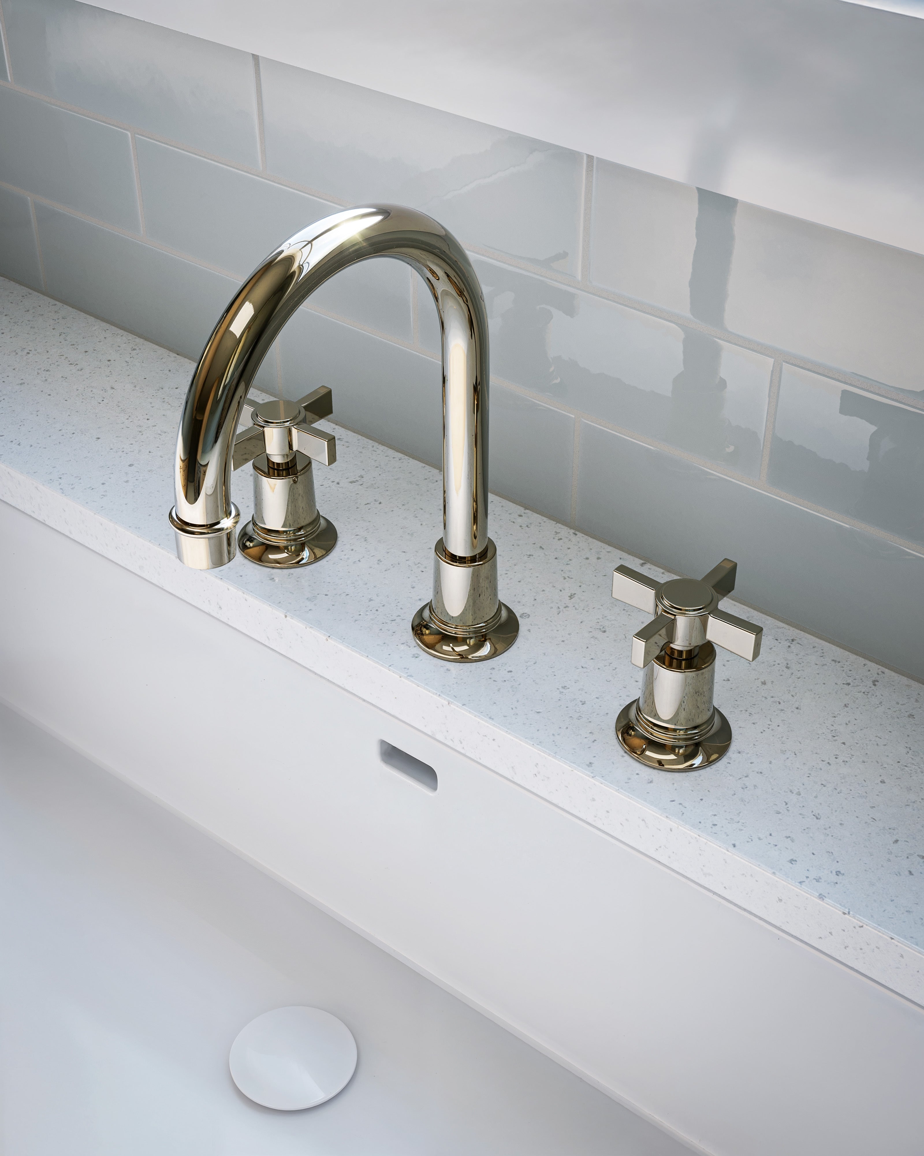 Emerson Two Handle Deck Mount Gooseneck Lavatory Faucet with Defined Cross Handles in Polished Nickel
