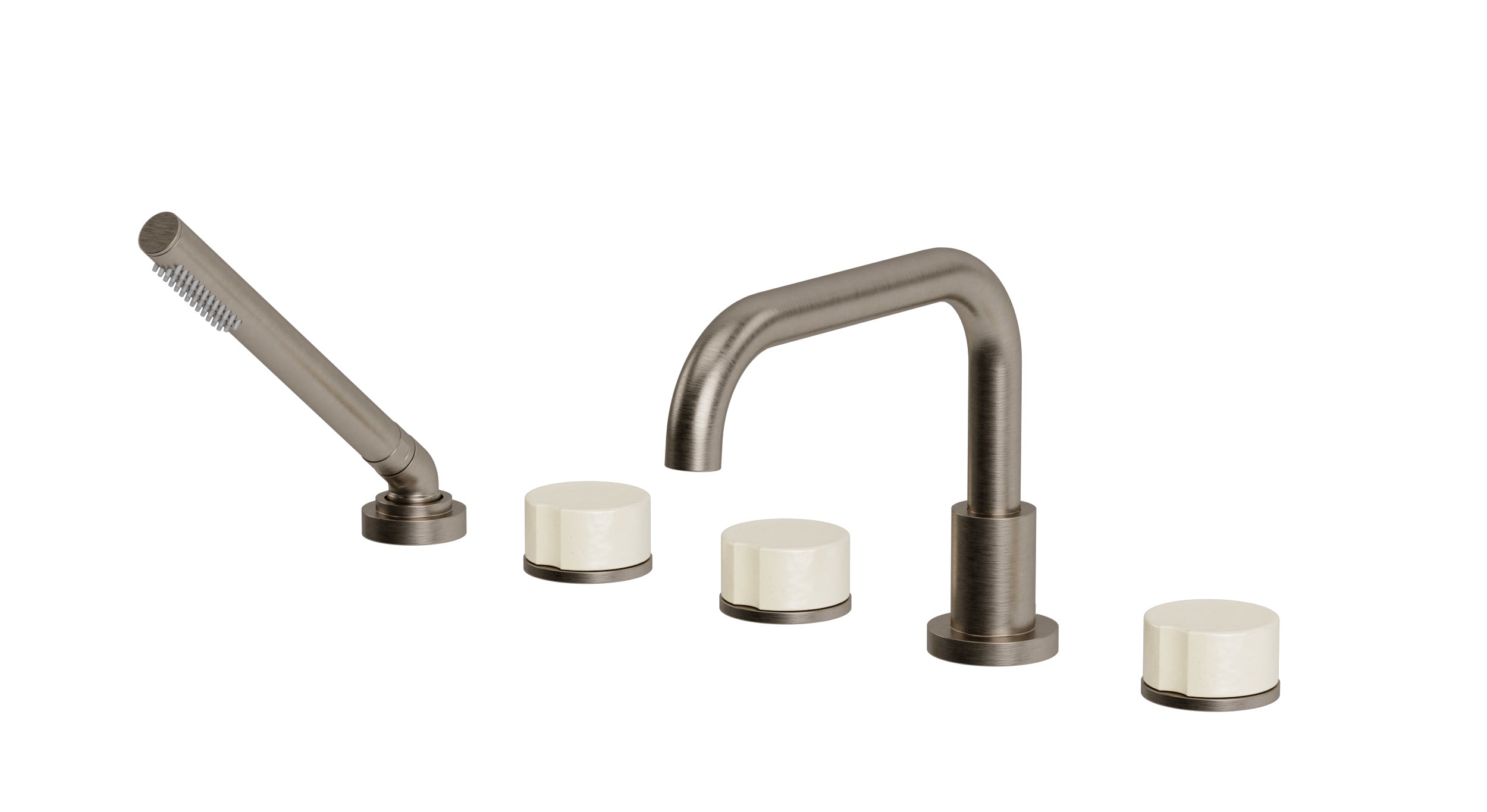 Foundry Three Handle Deck Mount Squaretop Bath Trim with Hand Shower and Groove Ceramic Knob Handles in Antique Nickel