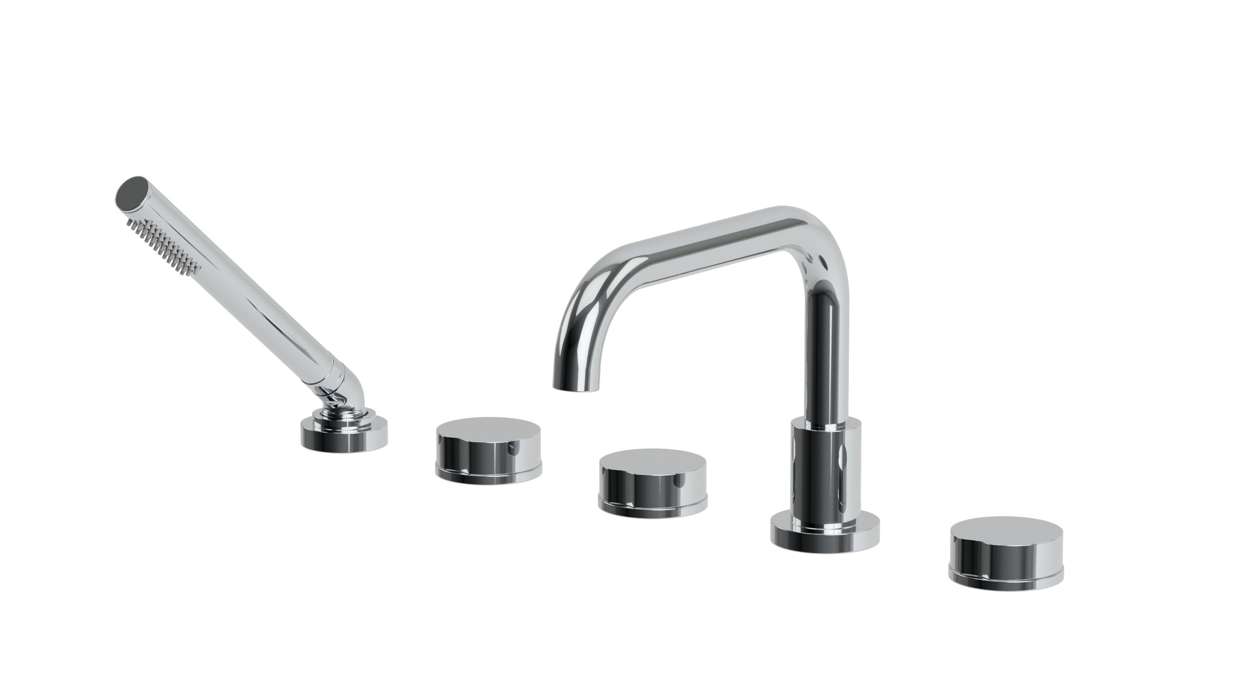 Foundry Three Handle Deck Mount Squaretop Bath Trim with Hand Shower and Circle Knob Handles