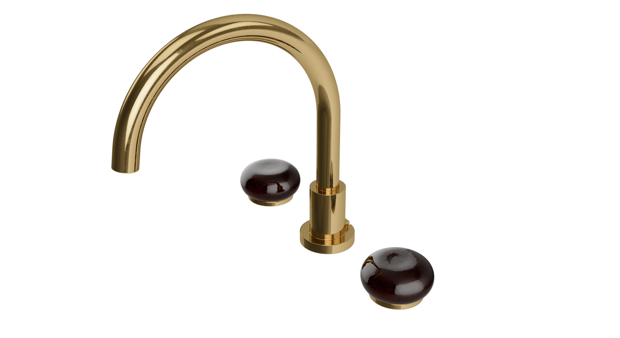 Foundry Two Handle Deck Mount Gooseneck Bath Trim with Pebble Ceramic Knob Handles in Uncoated Polished Brass