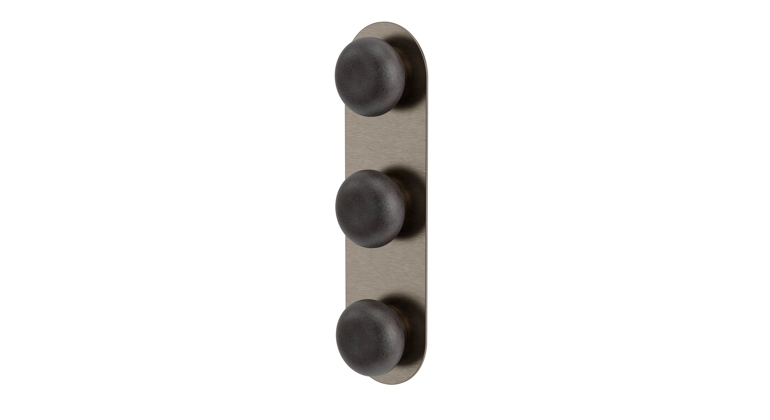 Foundry Three Handle Wall Mount Shower Trim with Pebble Ceramic Knob Handles in Antique Nickel