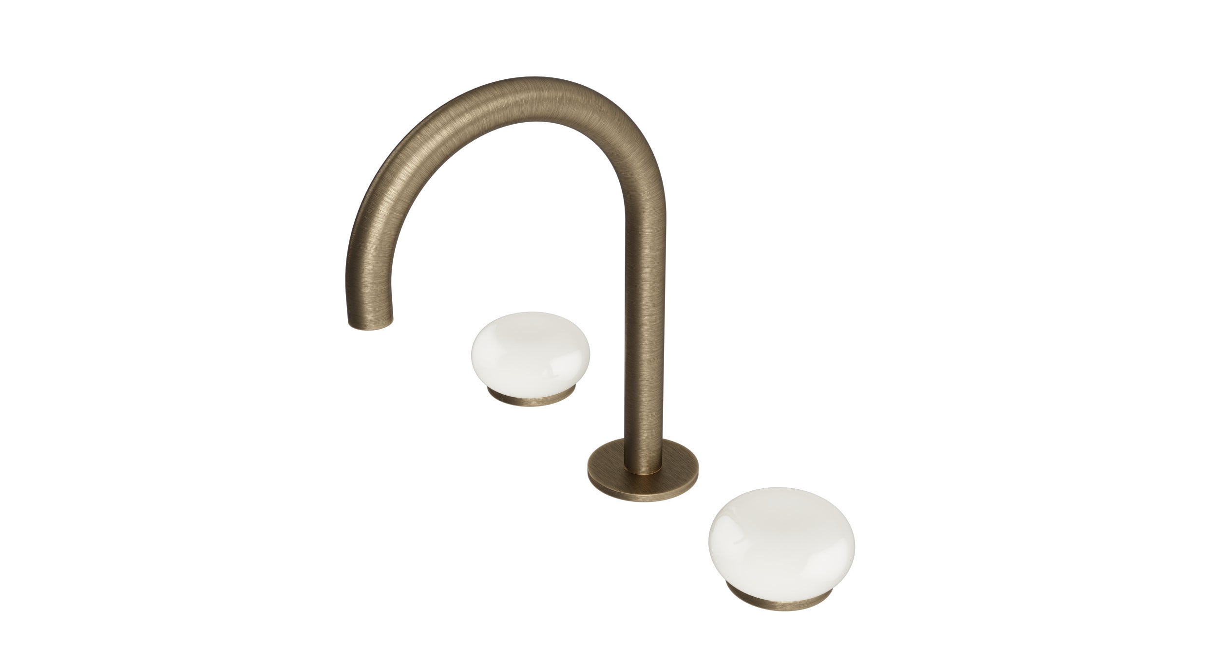 Foundry Two Handle Deck Mount Gooseneck Lavatory Faucet with Pebble Ceramic Knob Handles in Antique Brass