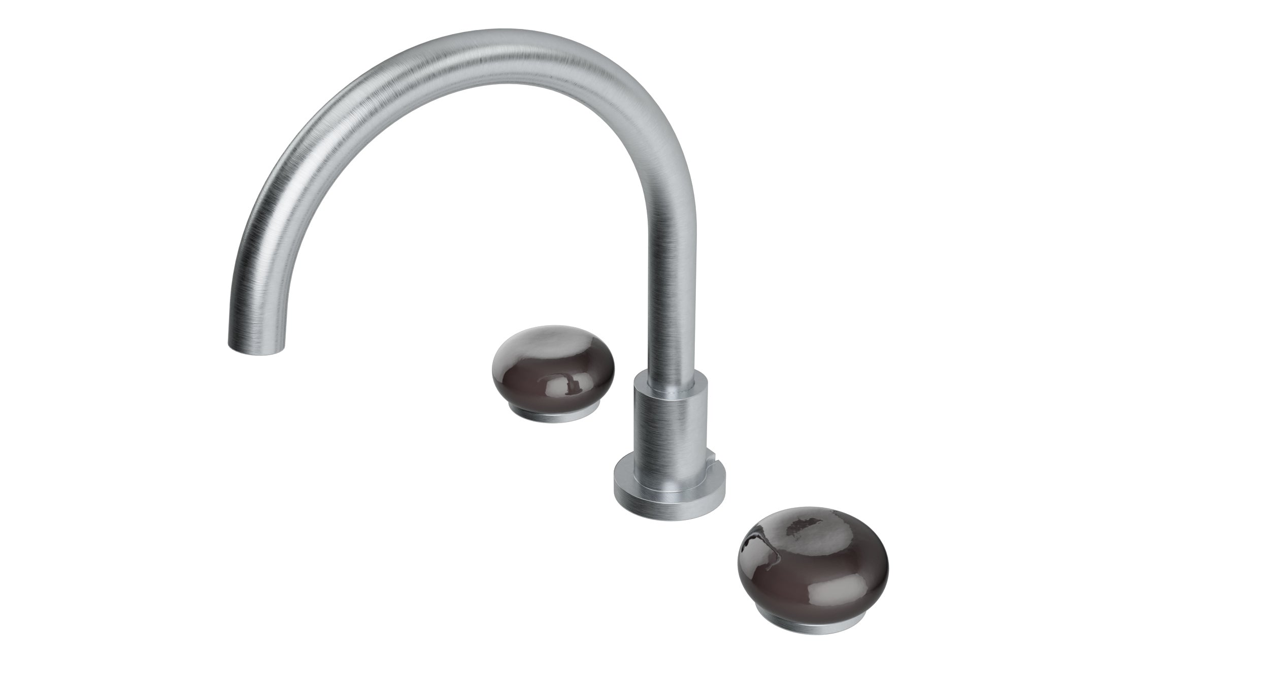 Foundry Two Handle Deck Mount Gooseneck Bath Trim with Pebble Ceramic Knob Handles in Satin Chrome