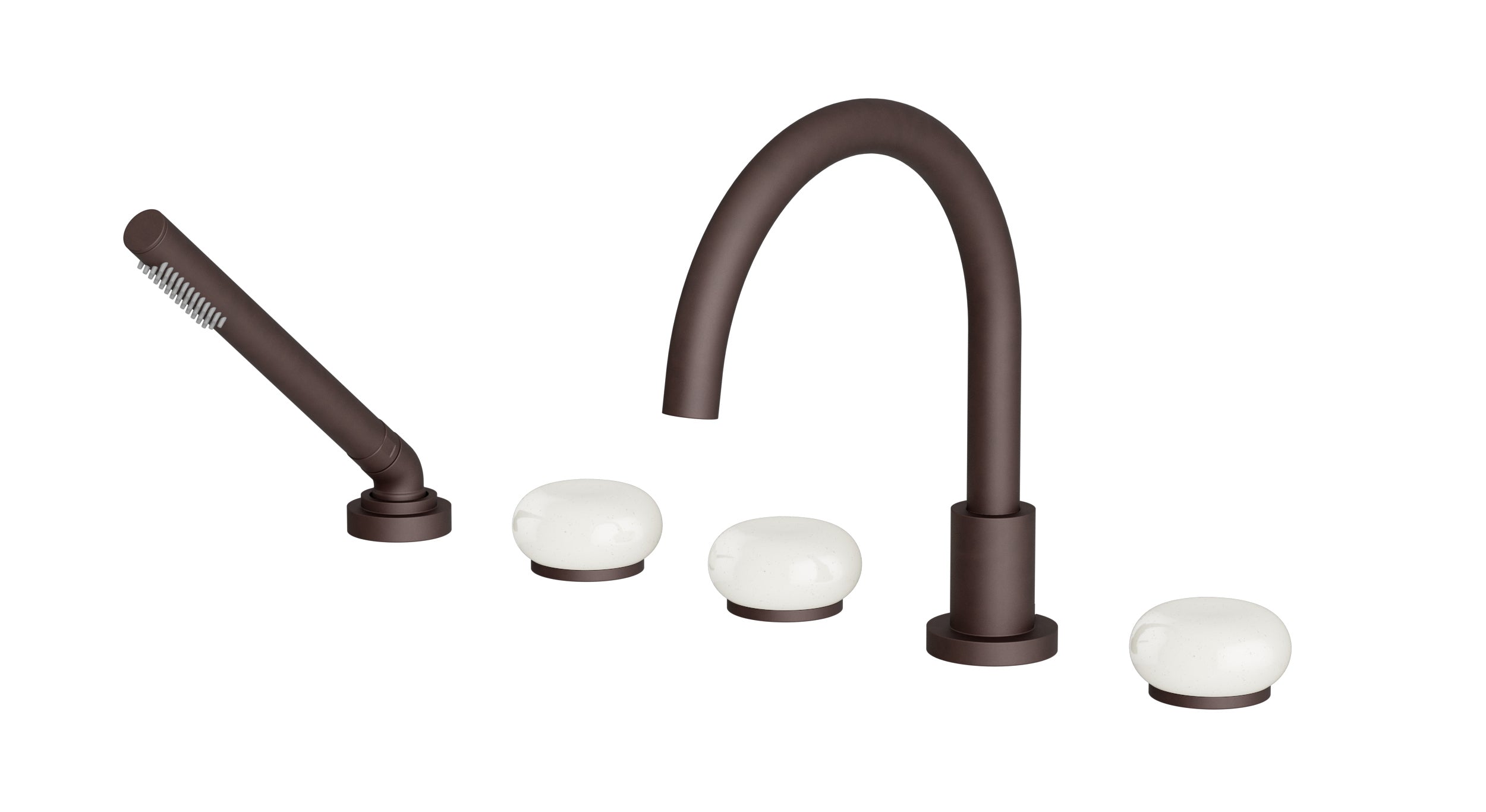 Foundry Three Handle Deck Mount Gooseneck Bath Trim with Hand Shower and Pebble Ceramic Knob Handles in Architectural Copper