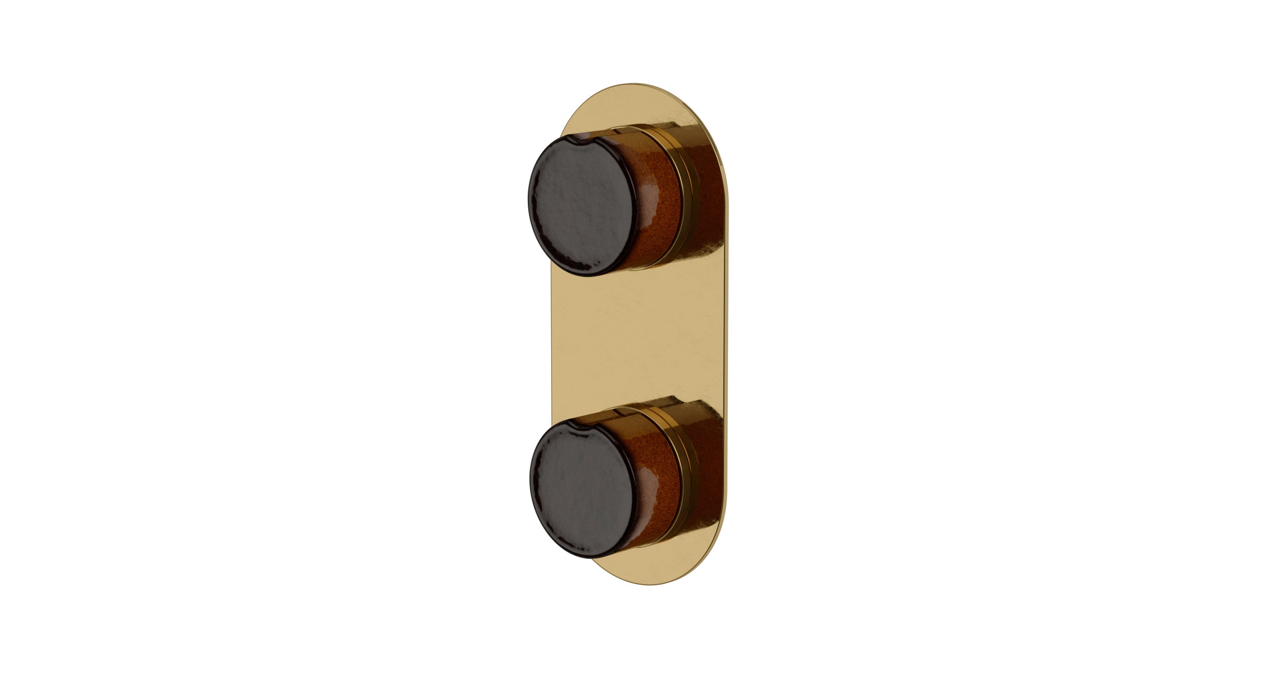 Foundry Two Handle Wall Mount Shower Trim with Groove Ceramic Knob Handles in Uncoated Polished Brass