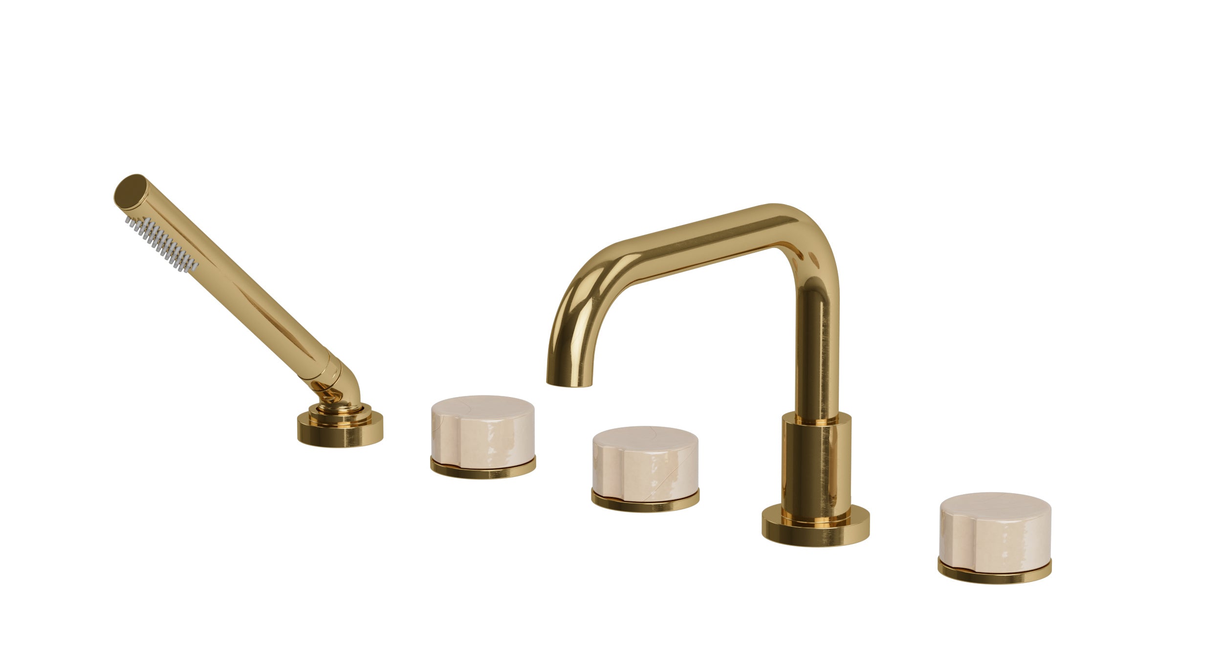 Foundry Three Handle Deck Mount Squaretop Bath Trim with Hand Shower and Groove Ceramic Knob Handles in Uncoated Polished Brass