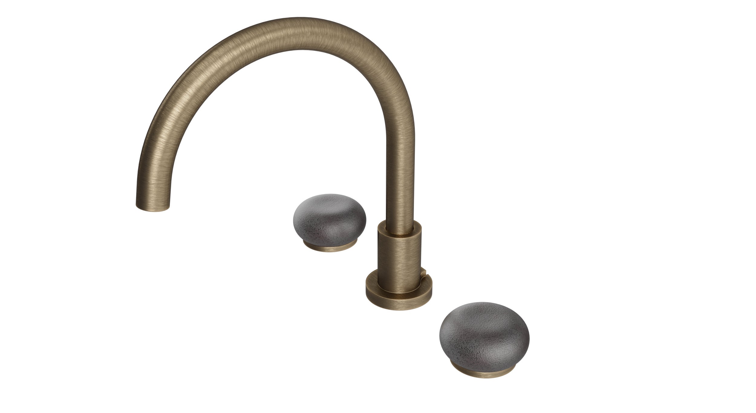 Foundry Two Handle Deck Mount Gooseneck Bath Trim with Pebble Ceramic Knob Handles in Antique Brass