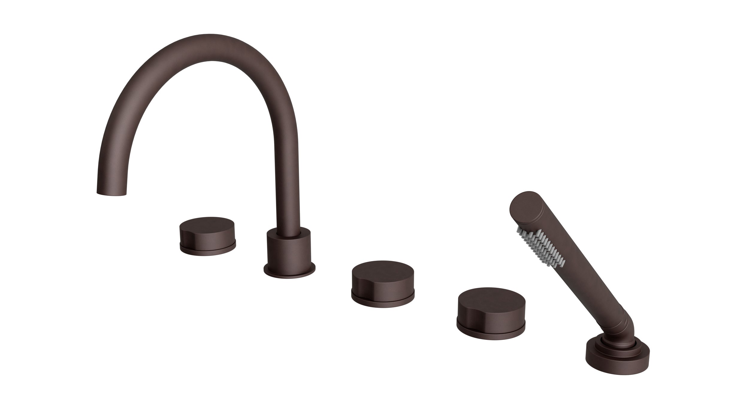 Foundry Three Handle Deck Mount Gooseneck Bath Trim with Hand Shower and Circle Knob Handles in Architectural Copper
